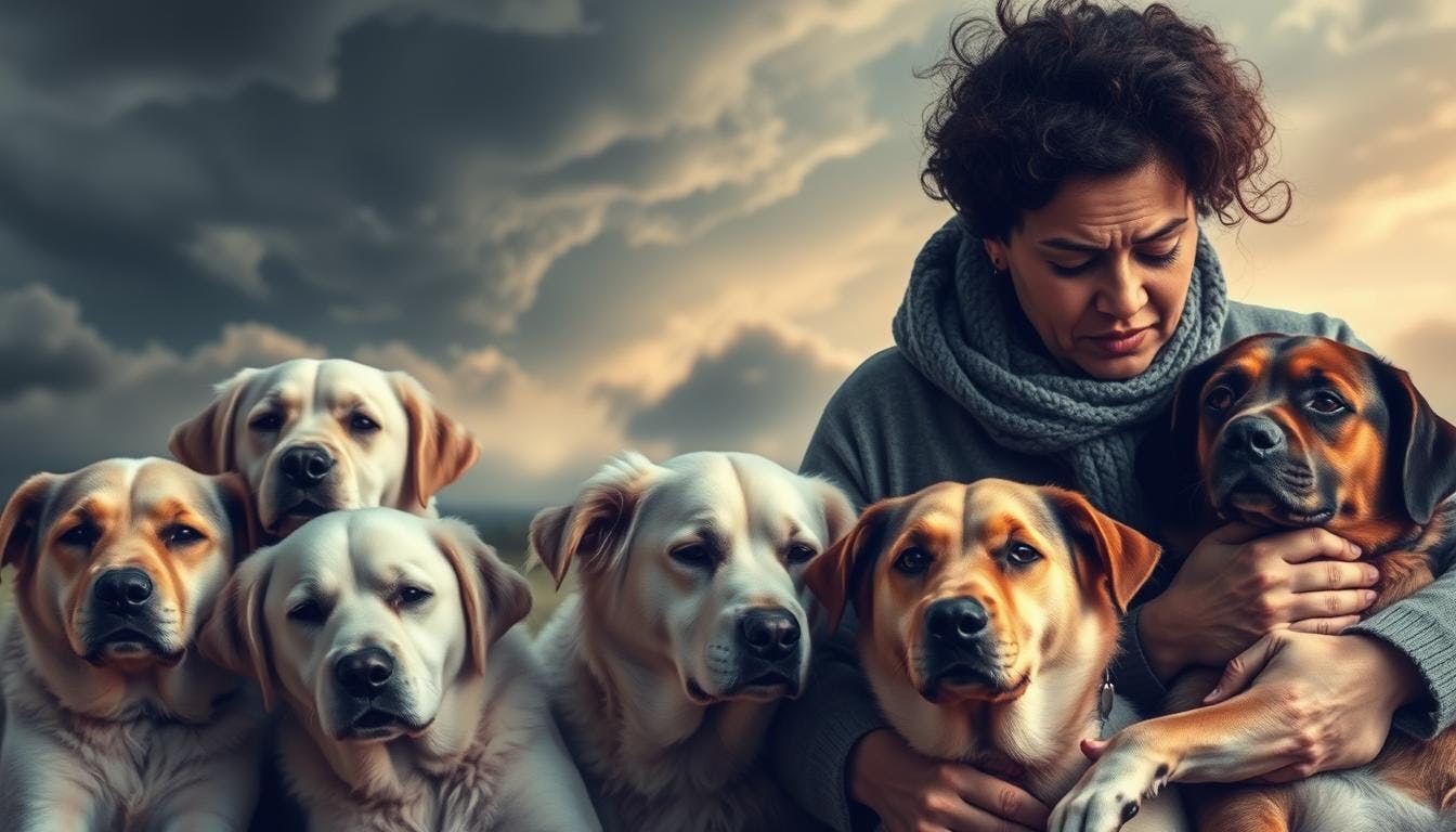 A woman caring for 6 dogs