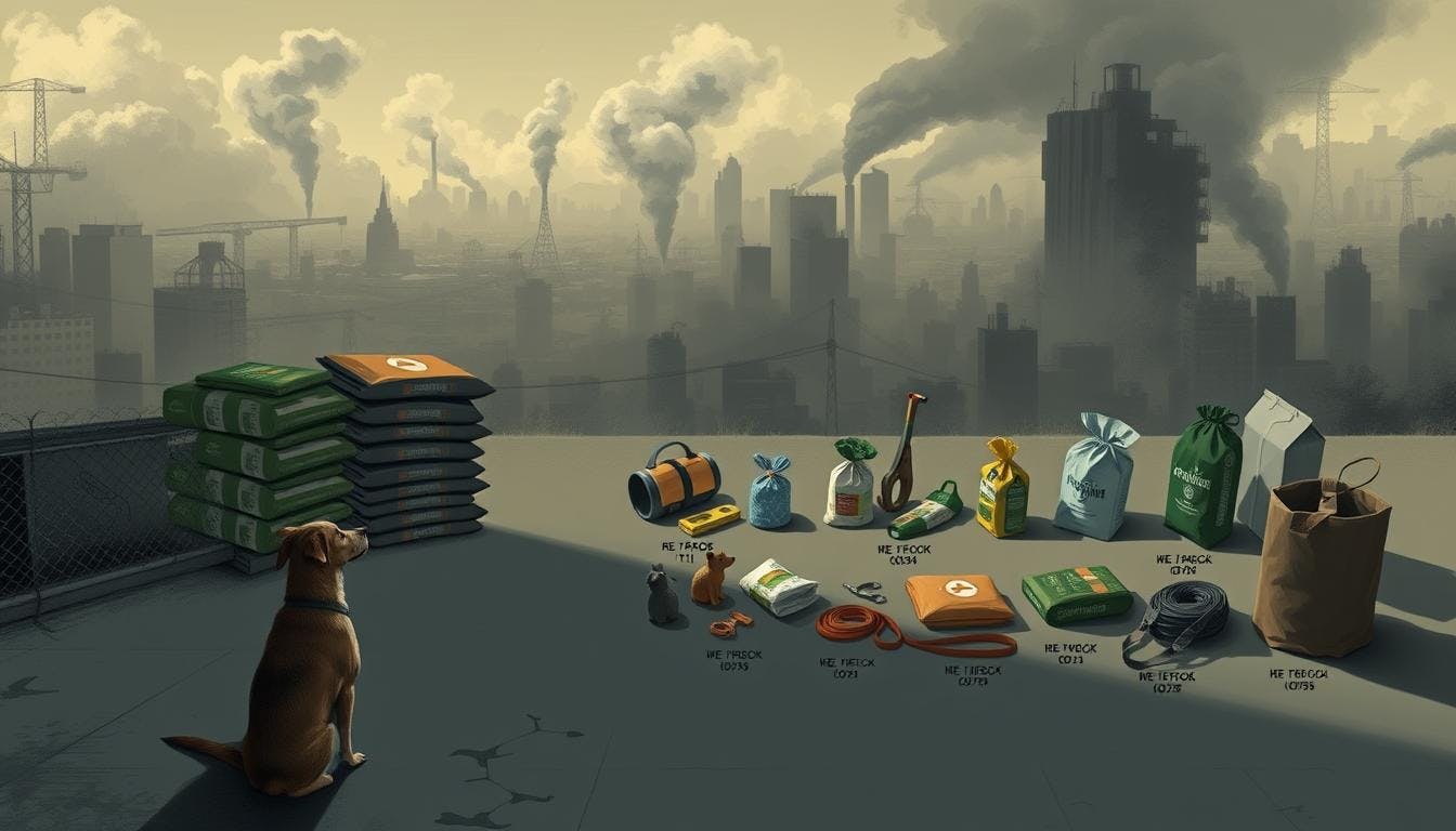 Dog sittin font of feeds packaged in bags and trash cans.