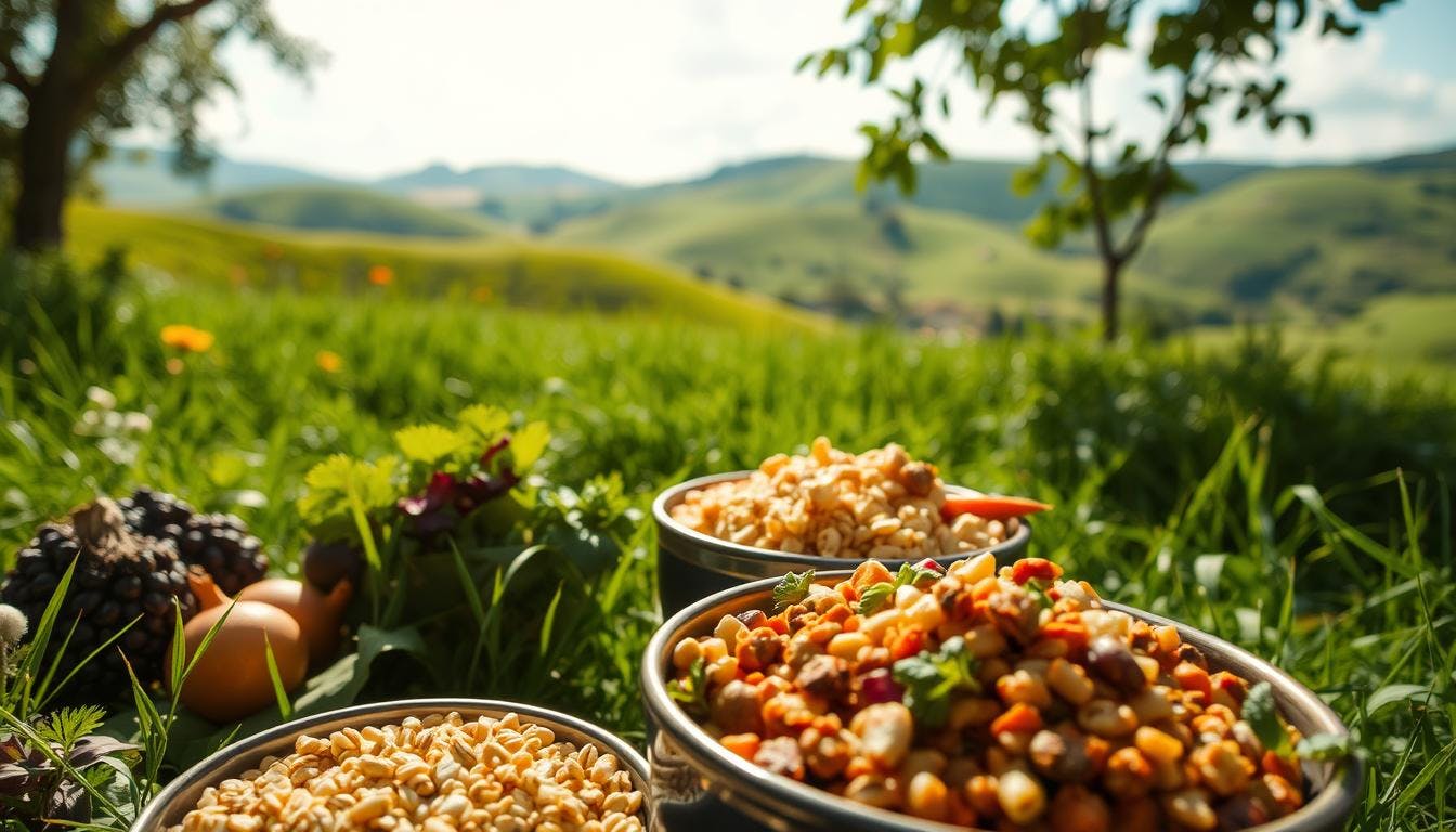 A green vegetation having a front view of dog feed on a several bowls