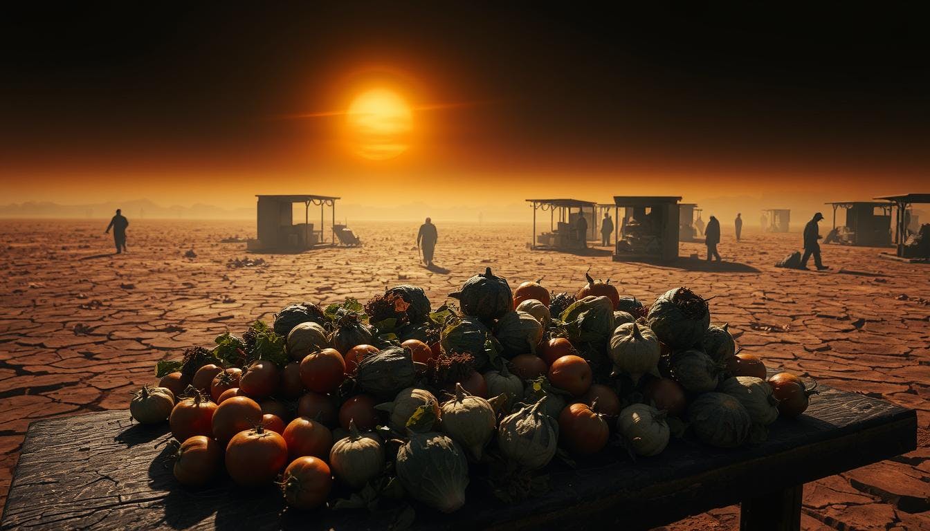 A display of a desert-looking landscape after sunset and under the yellow sun, with a table of various kind of fruits