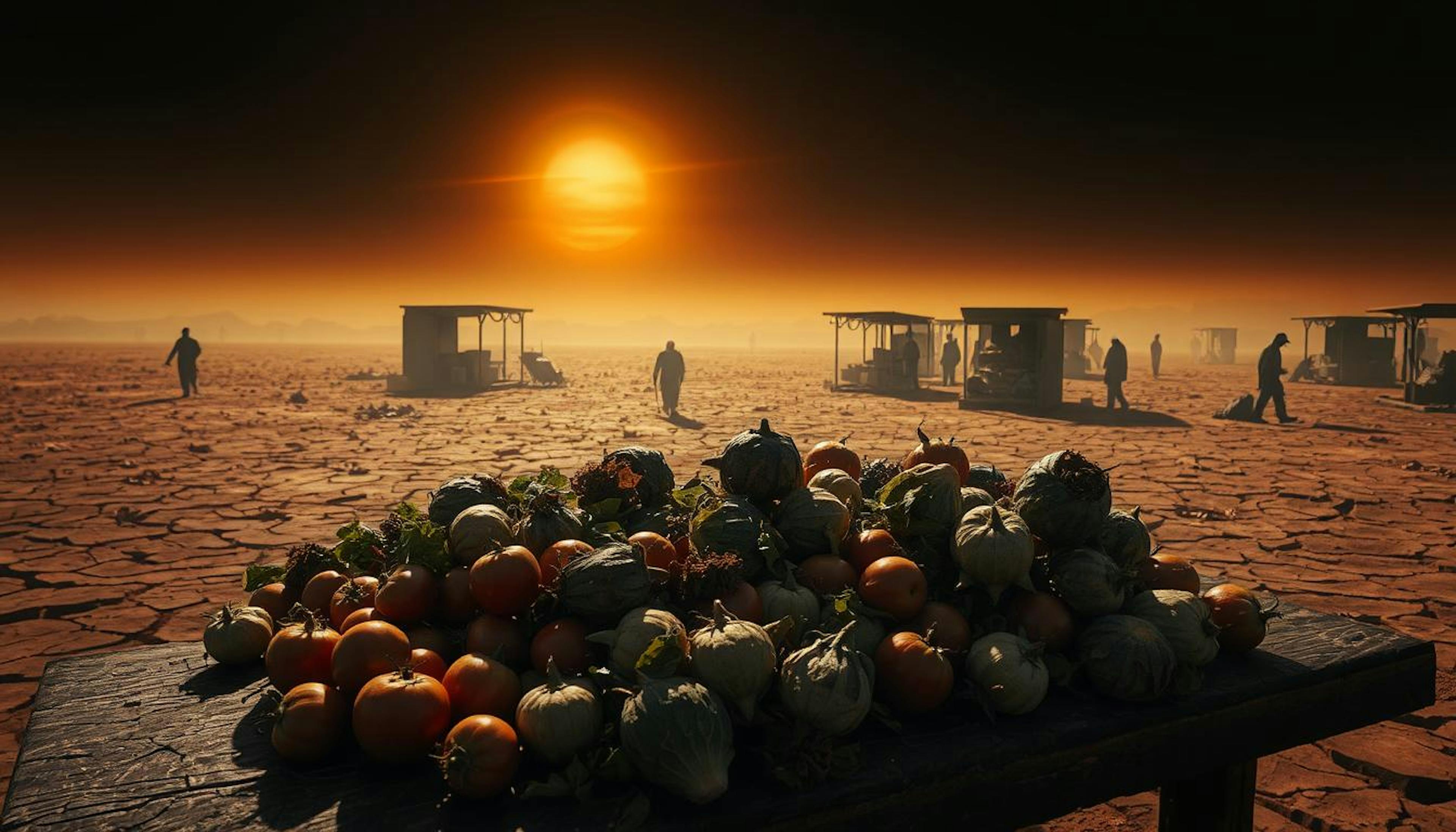 A display of a desert-looking landscape after sunset and under the yellow sun, with a table of various kind of fruits