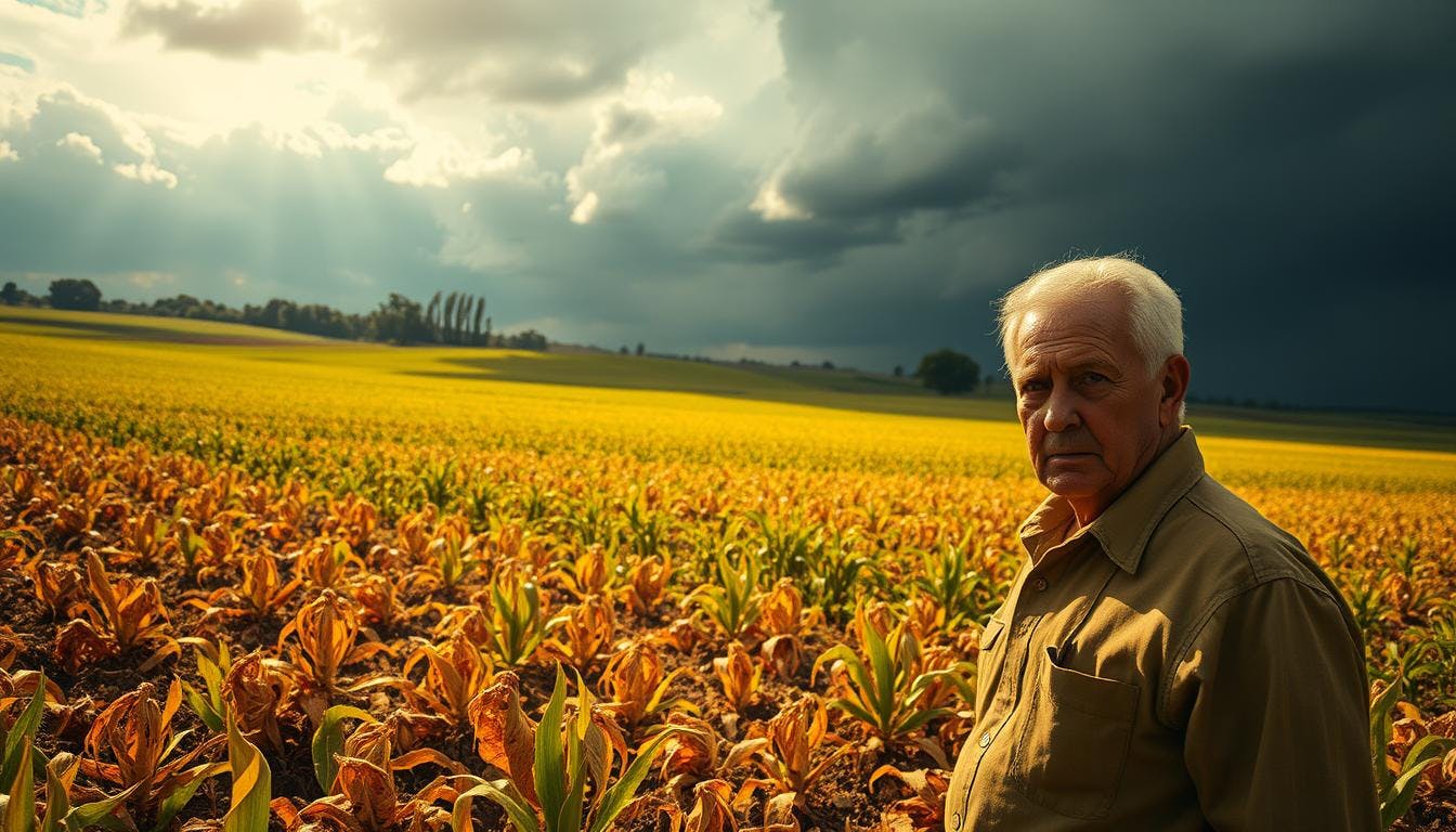 Farmer standing in a field of crops ready for harvest.
