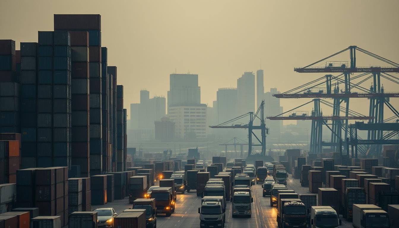 Overview of a city with modern structures, a busy road with cars