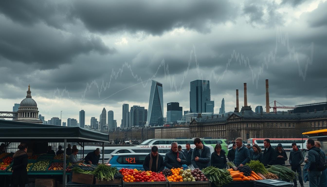 Heavy clouds above a city with modern structures and a display of looming fiery danger.