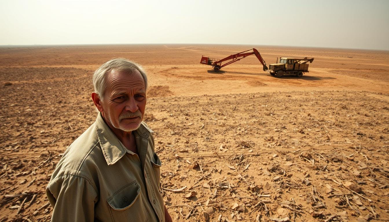 A Man standing on a dry farmland with a tractor in the rear.