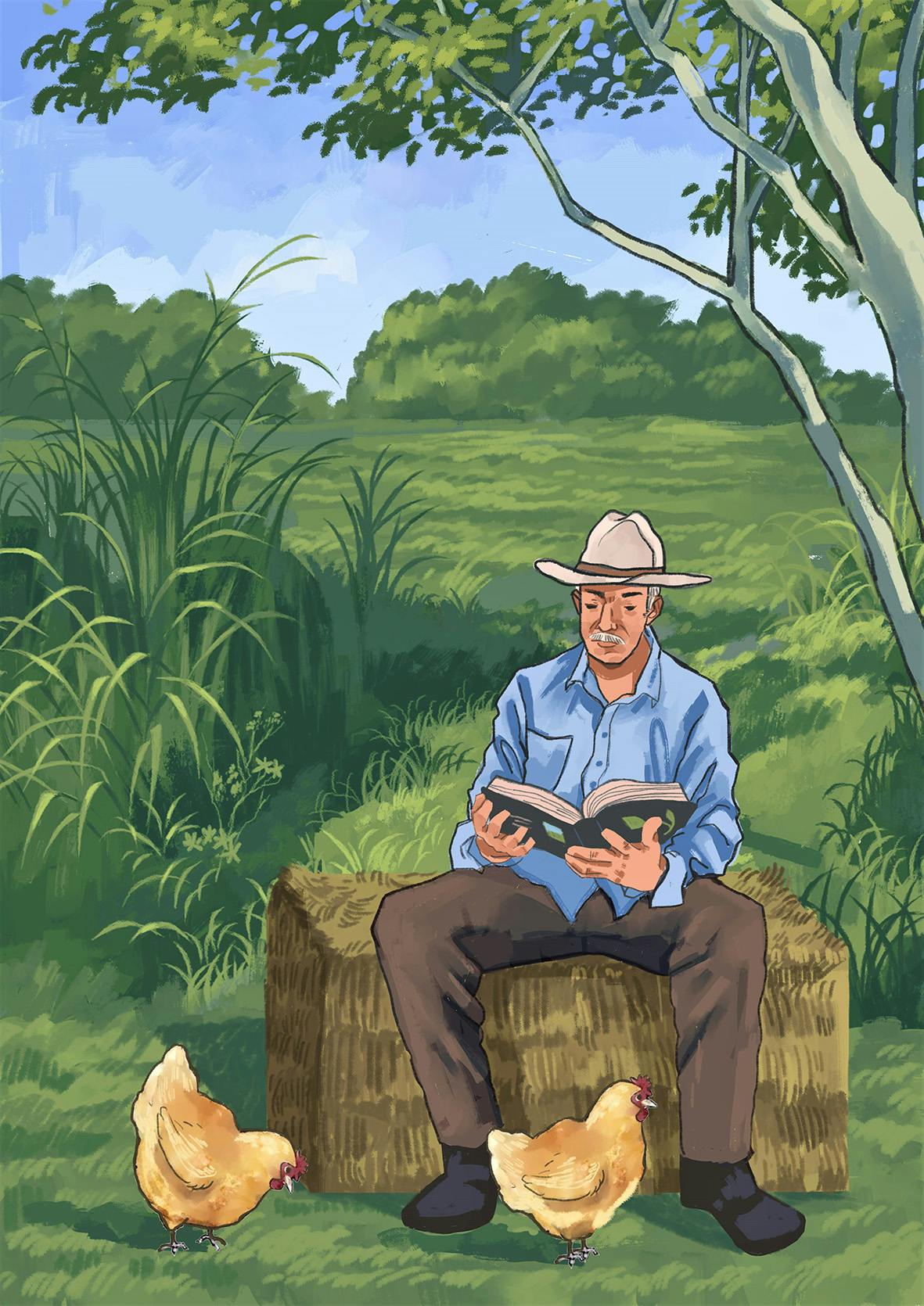 Farmer sitting on hay with chickens