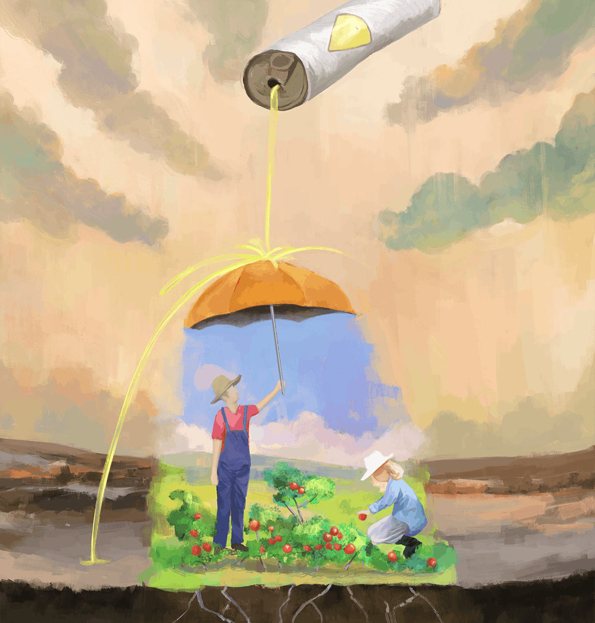 Farmer holding an umbrella to stop oil being poured onto the patch of green land he and his wife are growing