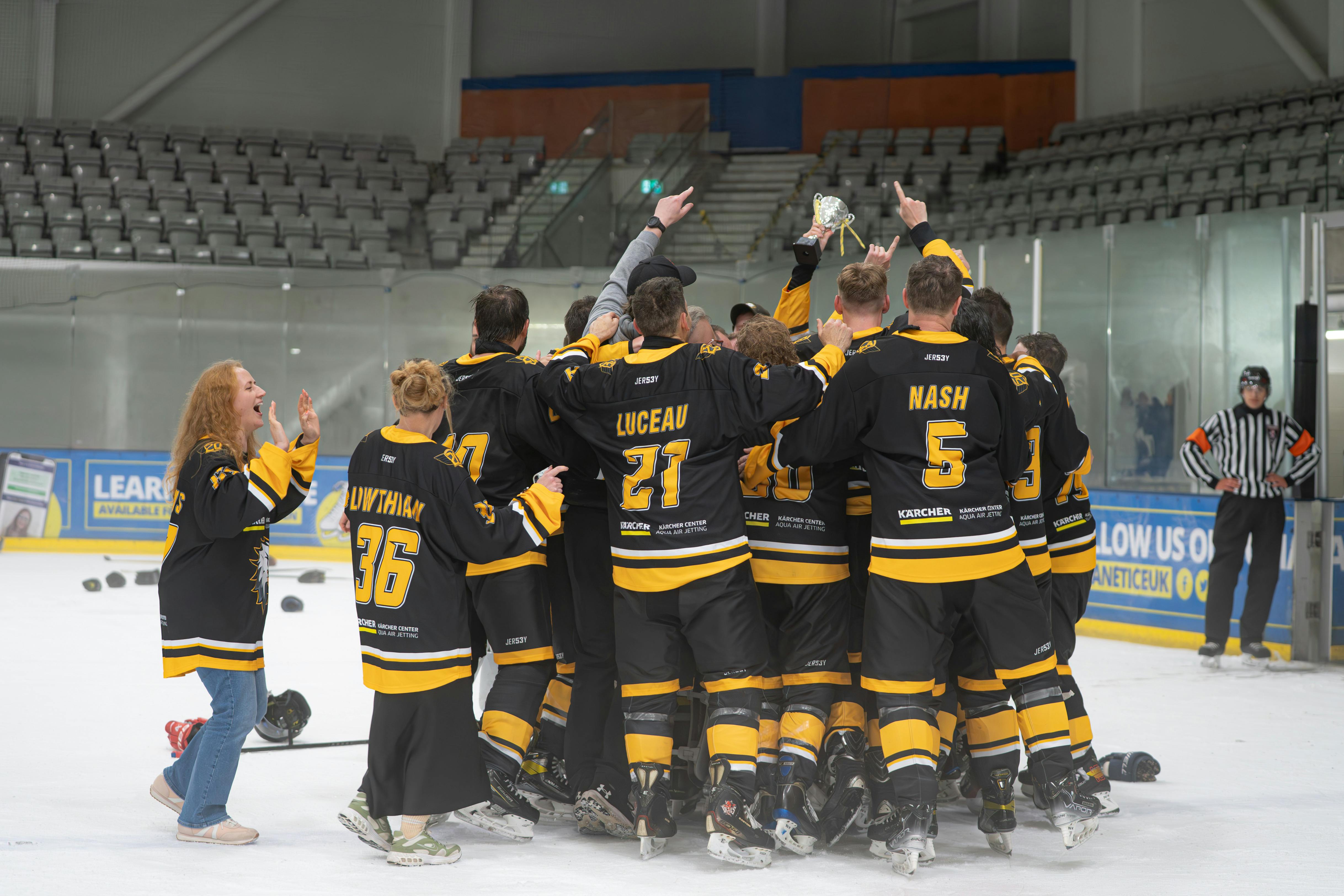 Cardiff Eagles celebrating their Division 2 Championship win on the ice