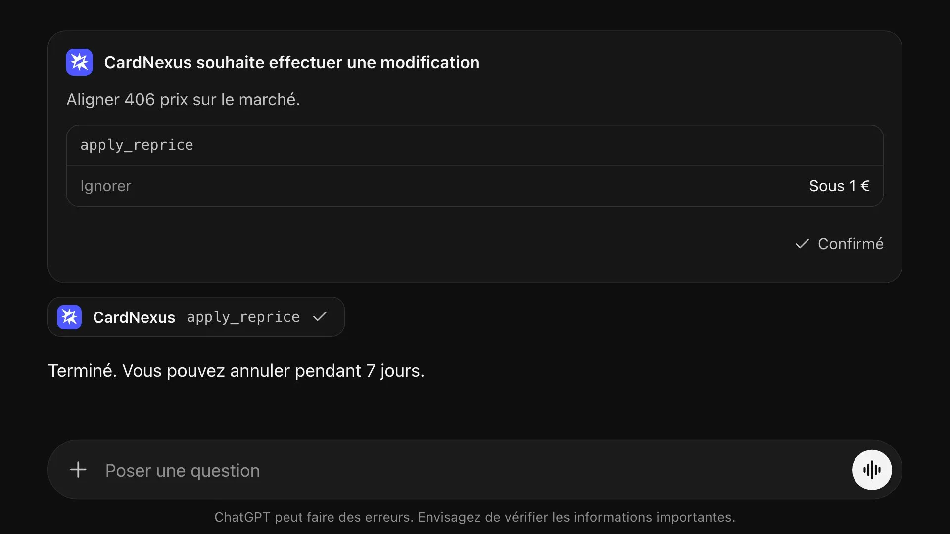 Un alignement des annonces Pokémon sur le prix du marché, confirmé et annulable pendant 7 jours