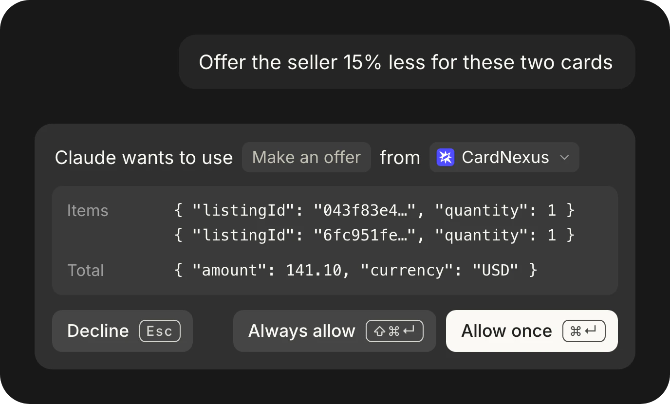 Claude asks to use Make an offer from CardNexus for two listings, with Allow once