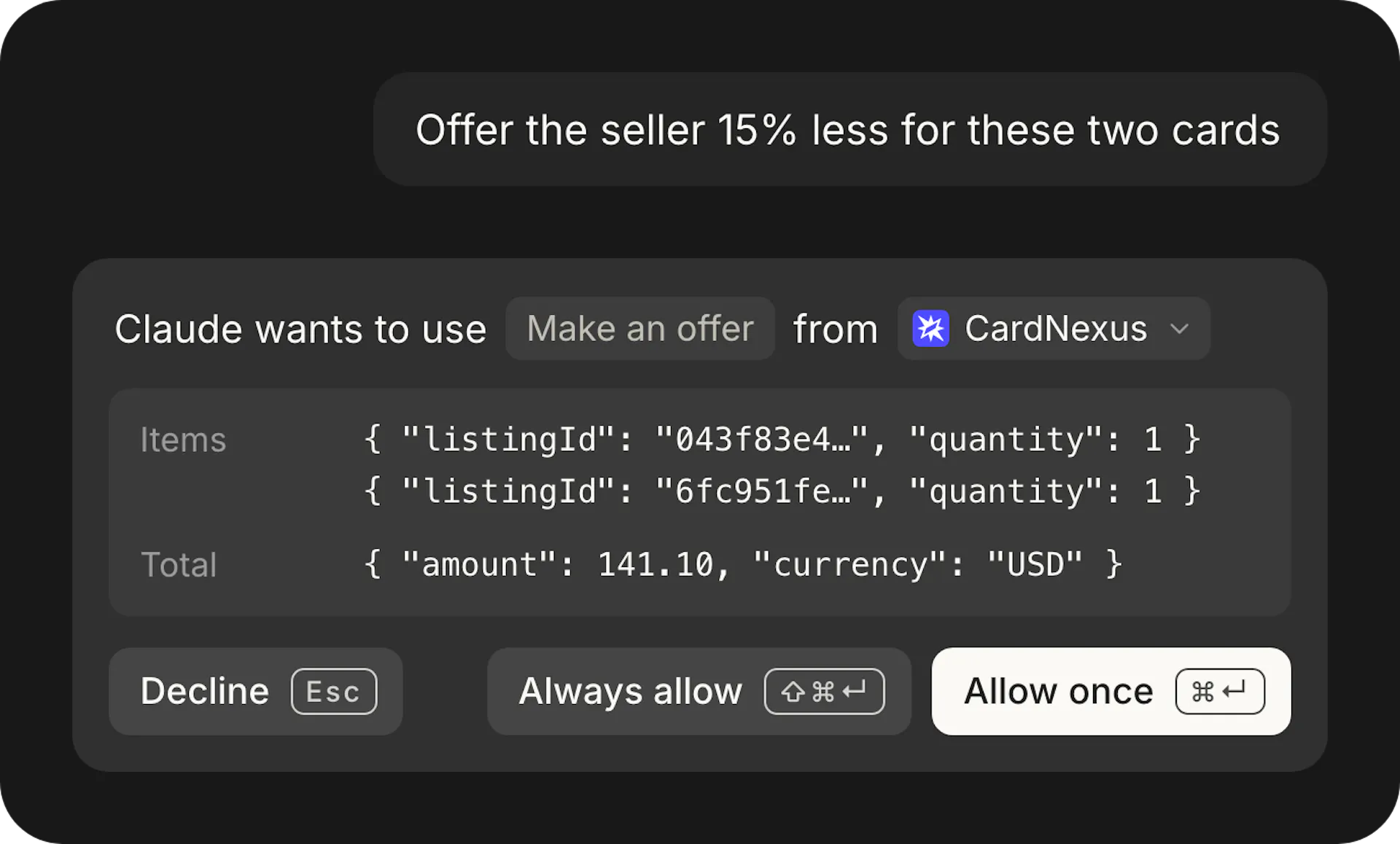 Claude asks to use Make an offer from CardNexus for two listings, with Allow once