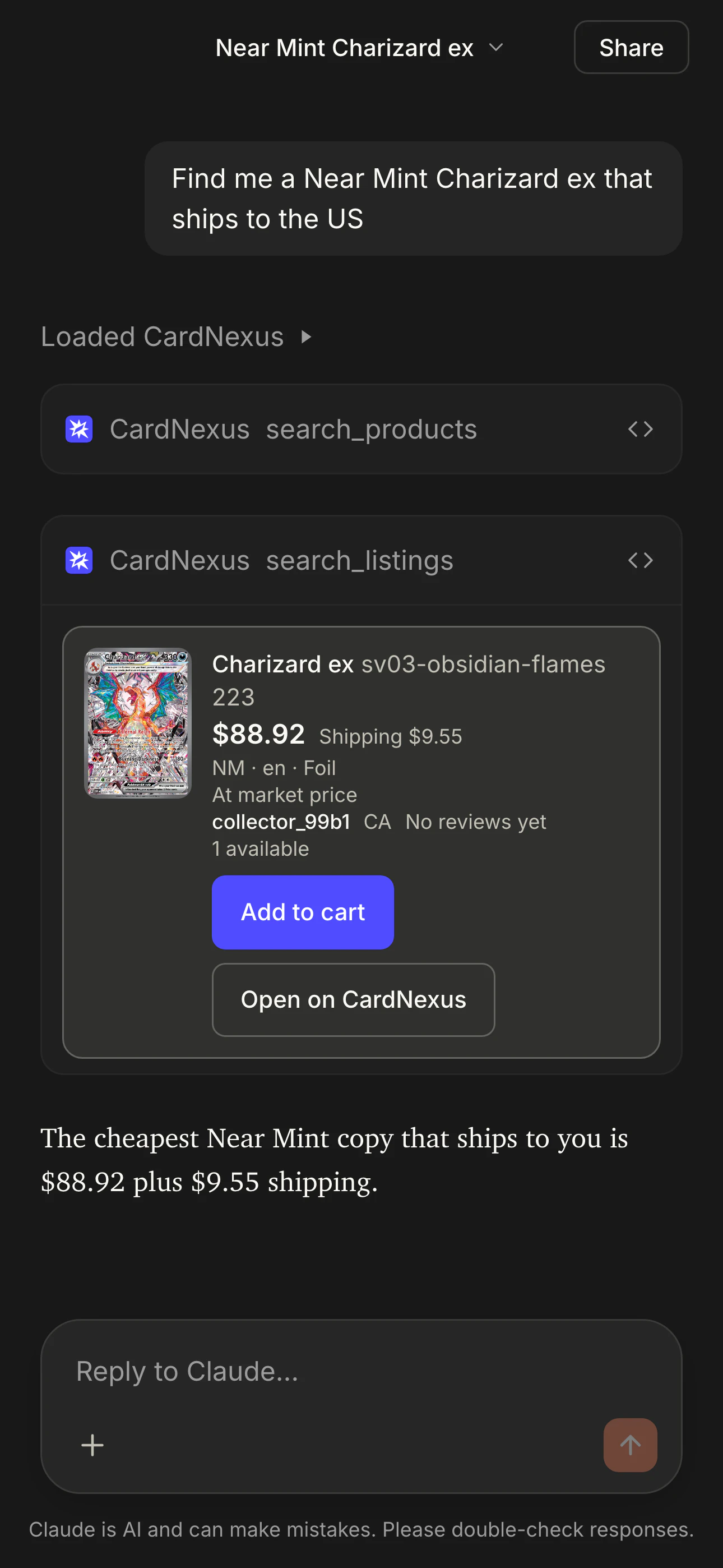 Claude on a phone finding a Near Mint Charizard ex on CardNexus