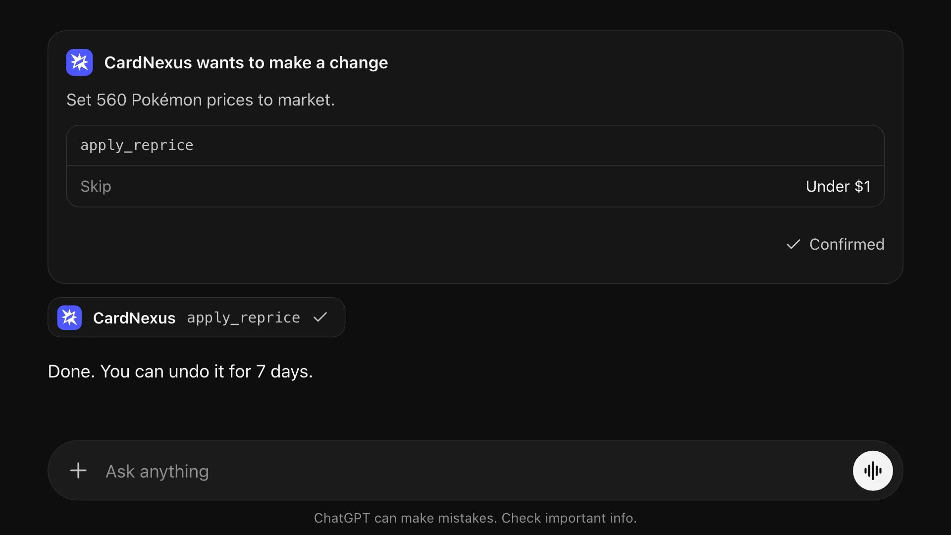 A reprice of Pokémon listings to market price, confirmed and undoable for 7 days