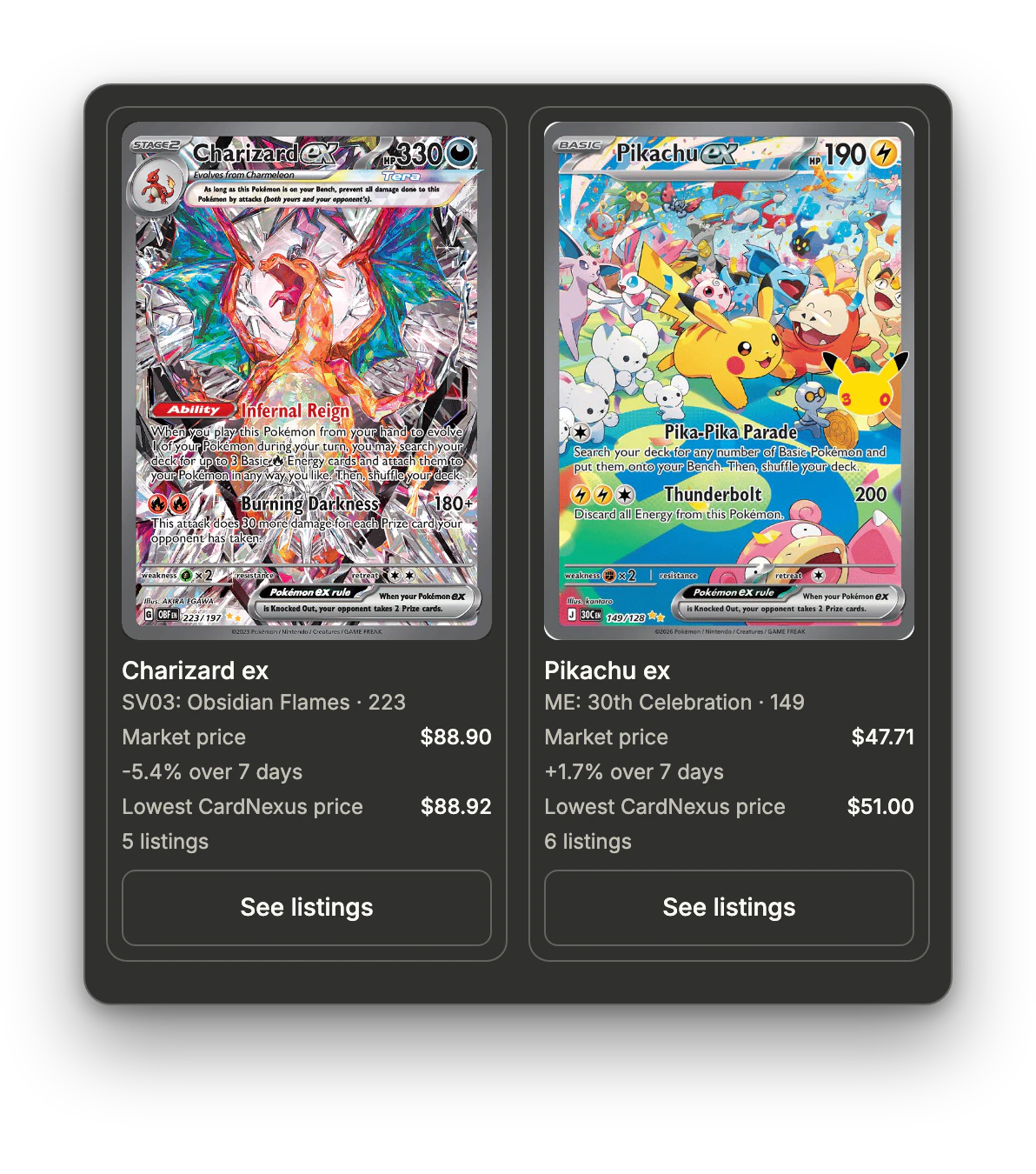 Charizard ex and Pikachu ex with their market price, 7-day change and lowest CardNexus price