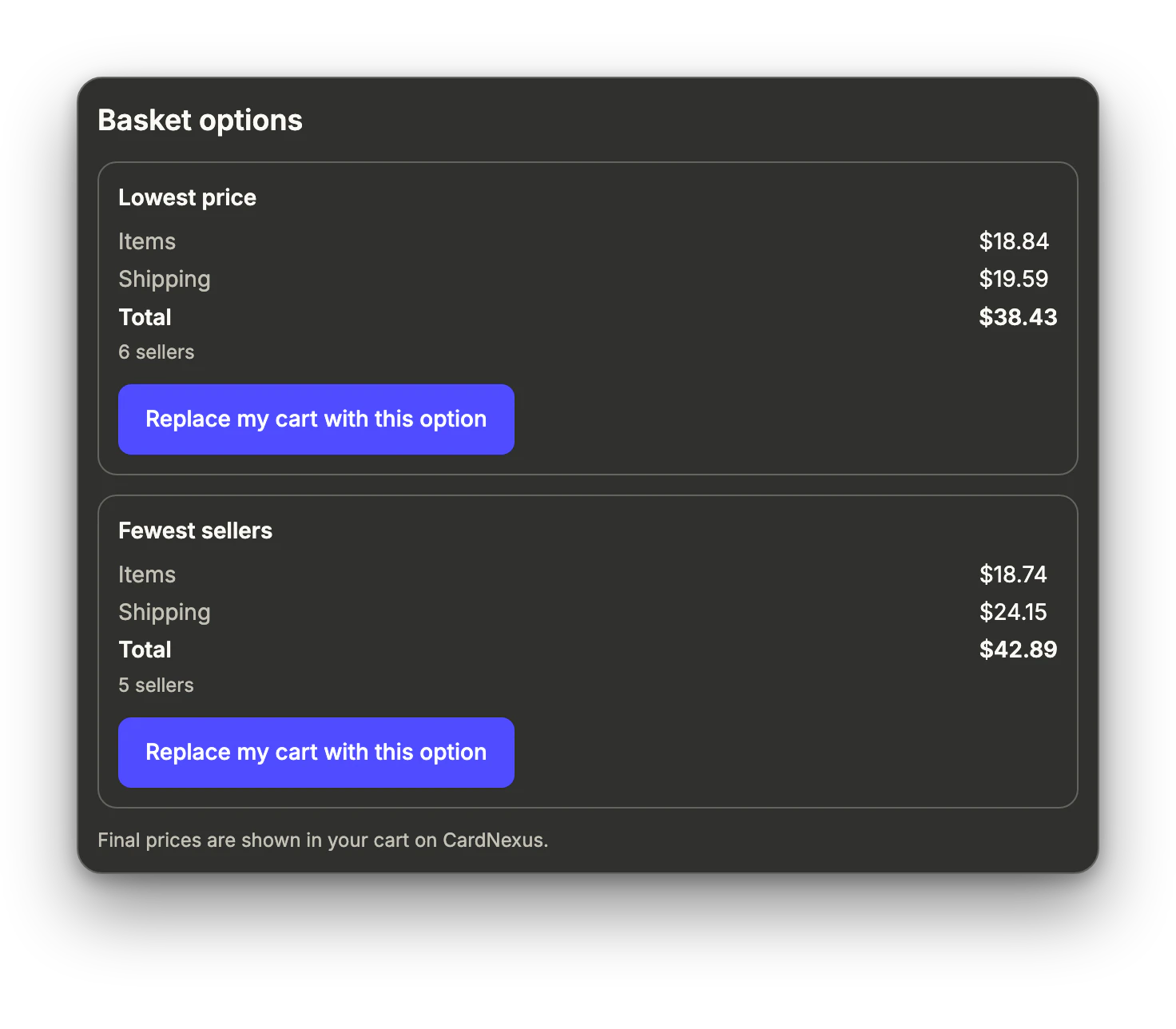 Basket options for a decklist: lowest price and fewest sellers, with items, shipping and totals