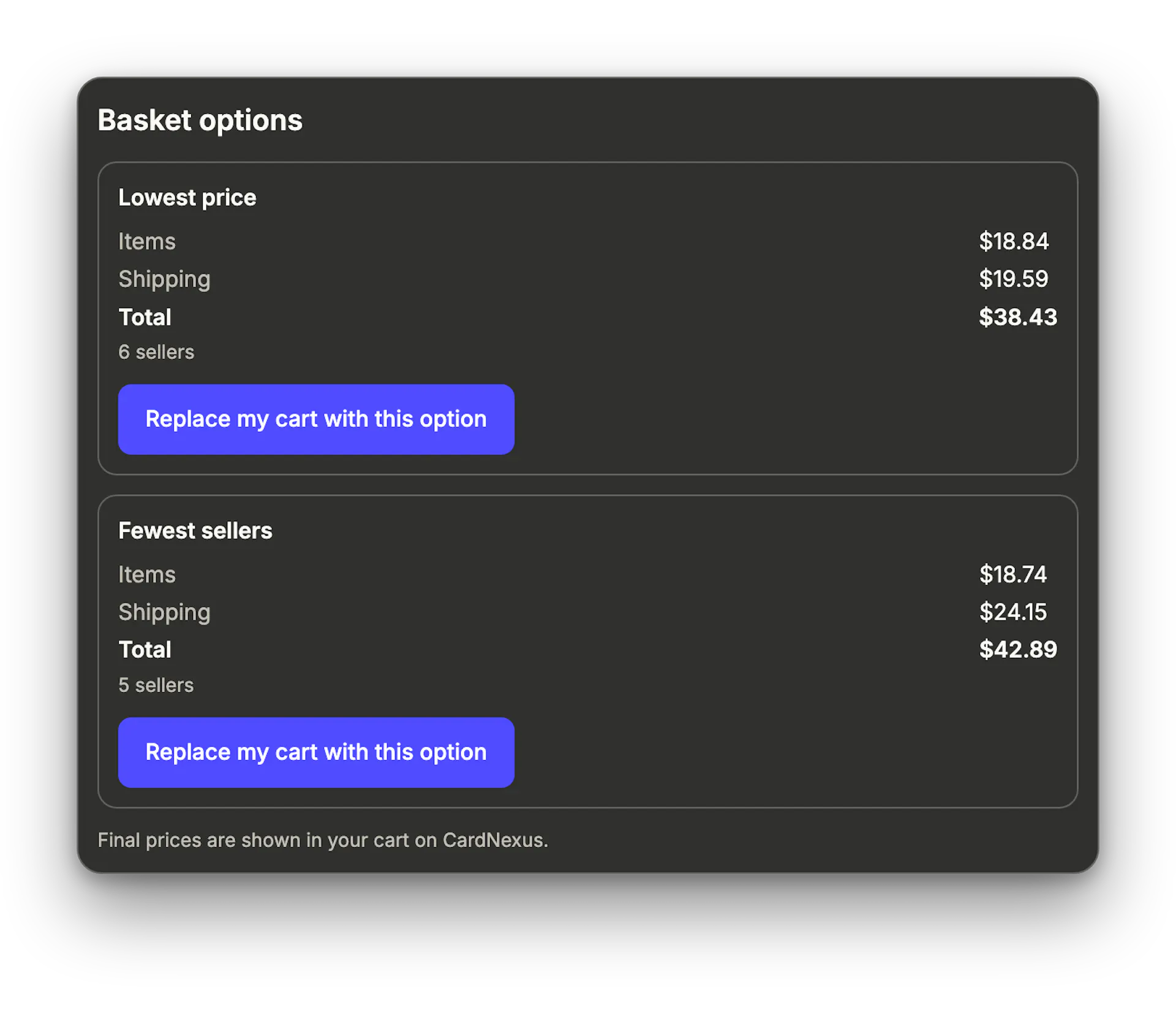 Basket options for a decklist: lowest price and fewest sellers, with items, shipping and totals