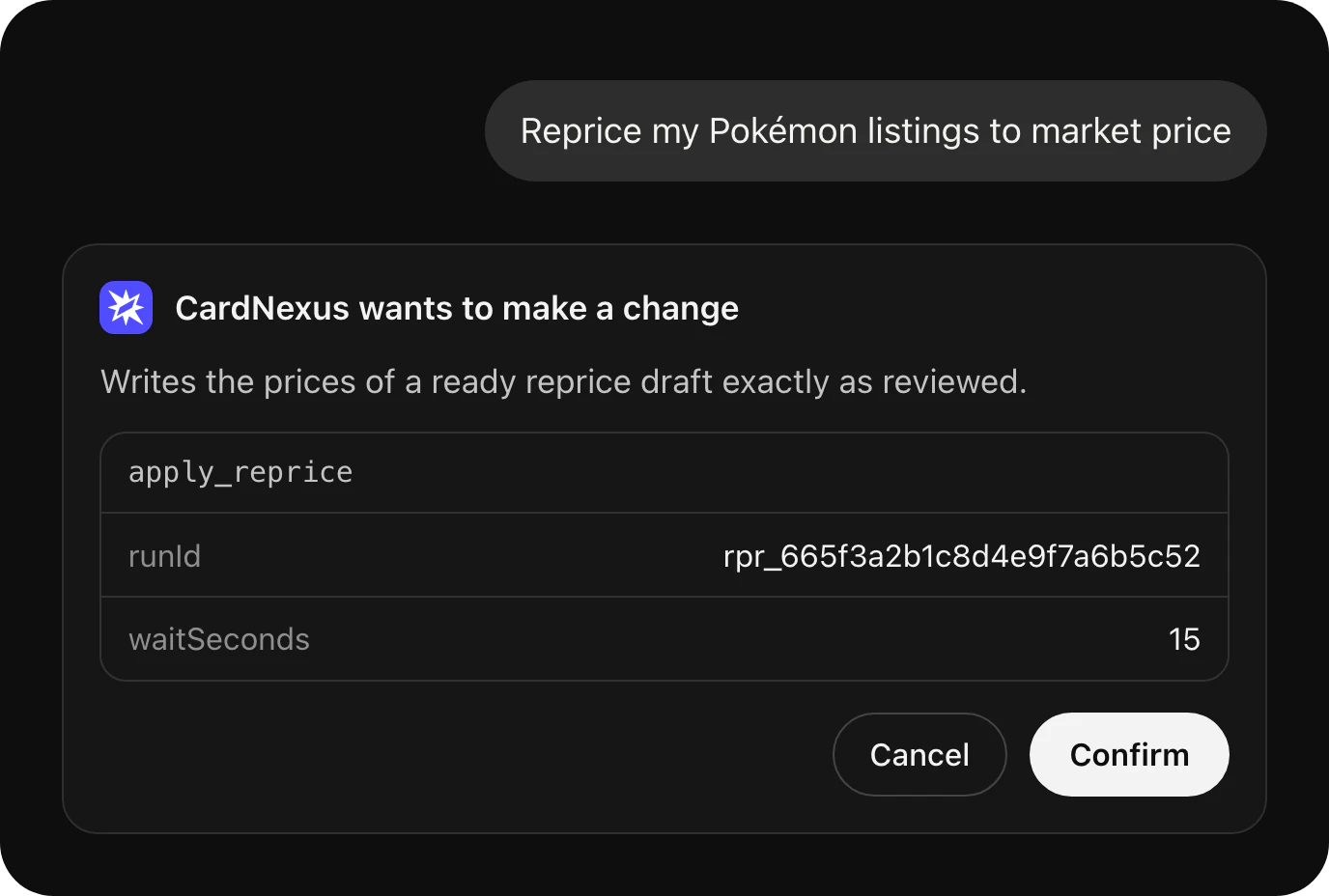 CardNexus asks to confirm a reprice of Pokémon listings to market price