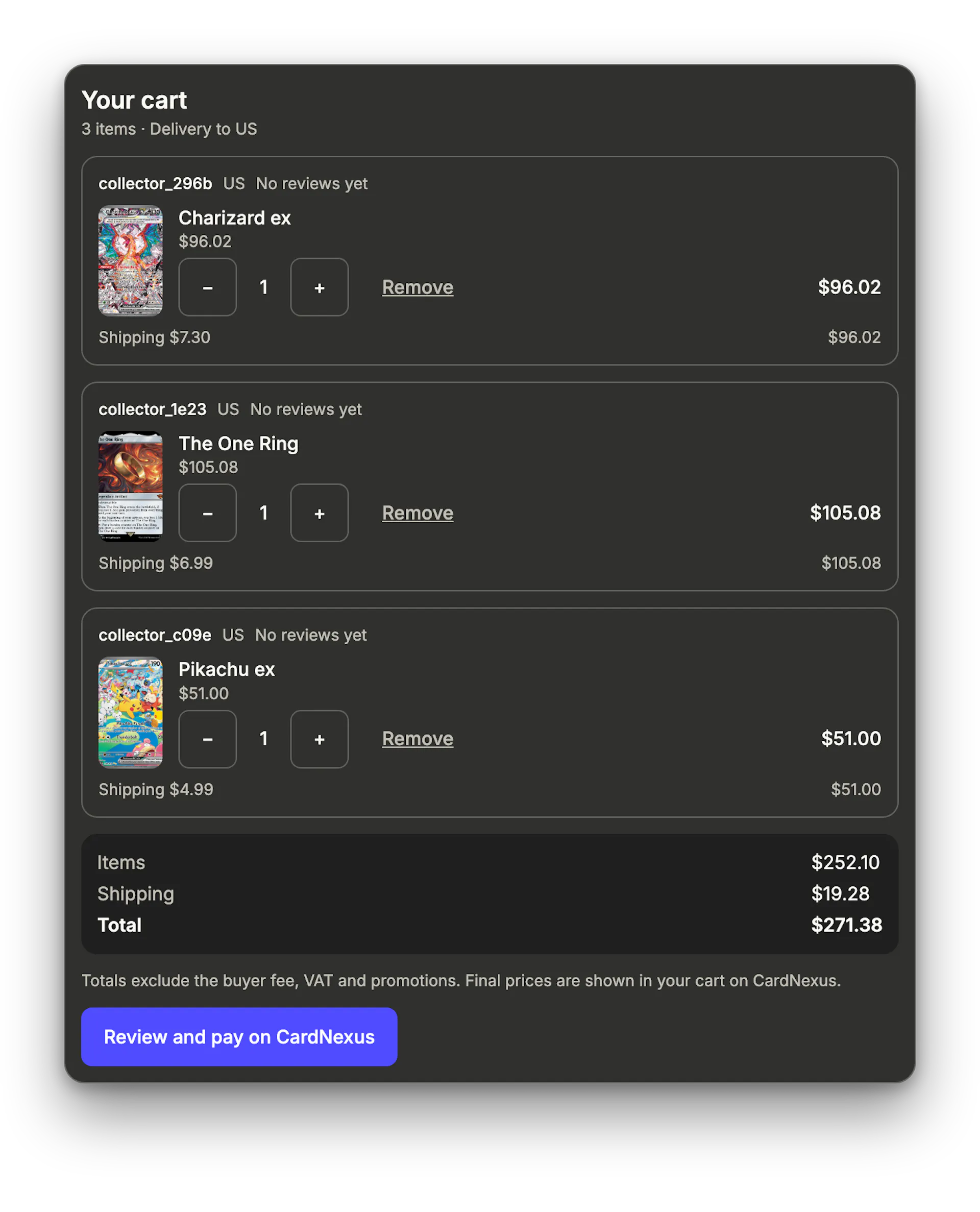 A CardNexus cart with three cards from three sellers and the total