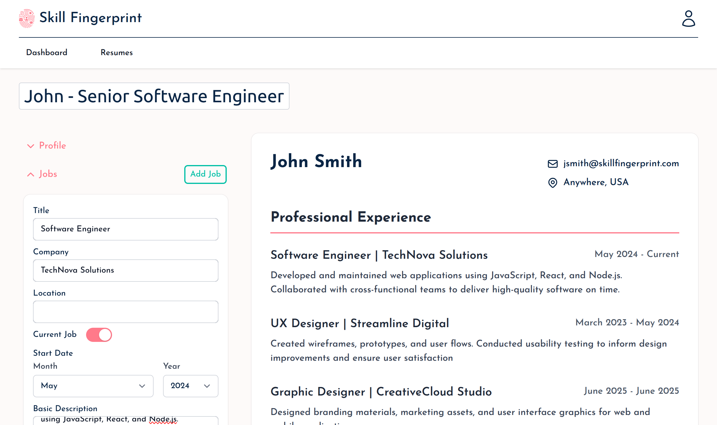 A screenshot of a resume builder too