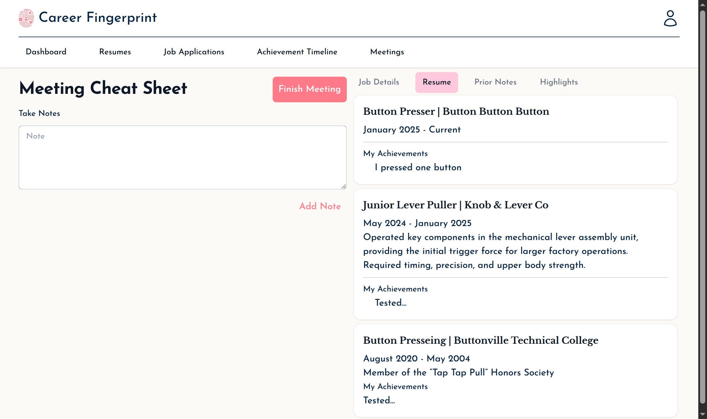 Screenshot of meeting screen with the resume tab selecte