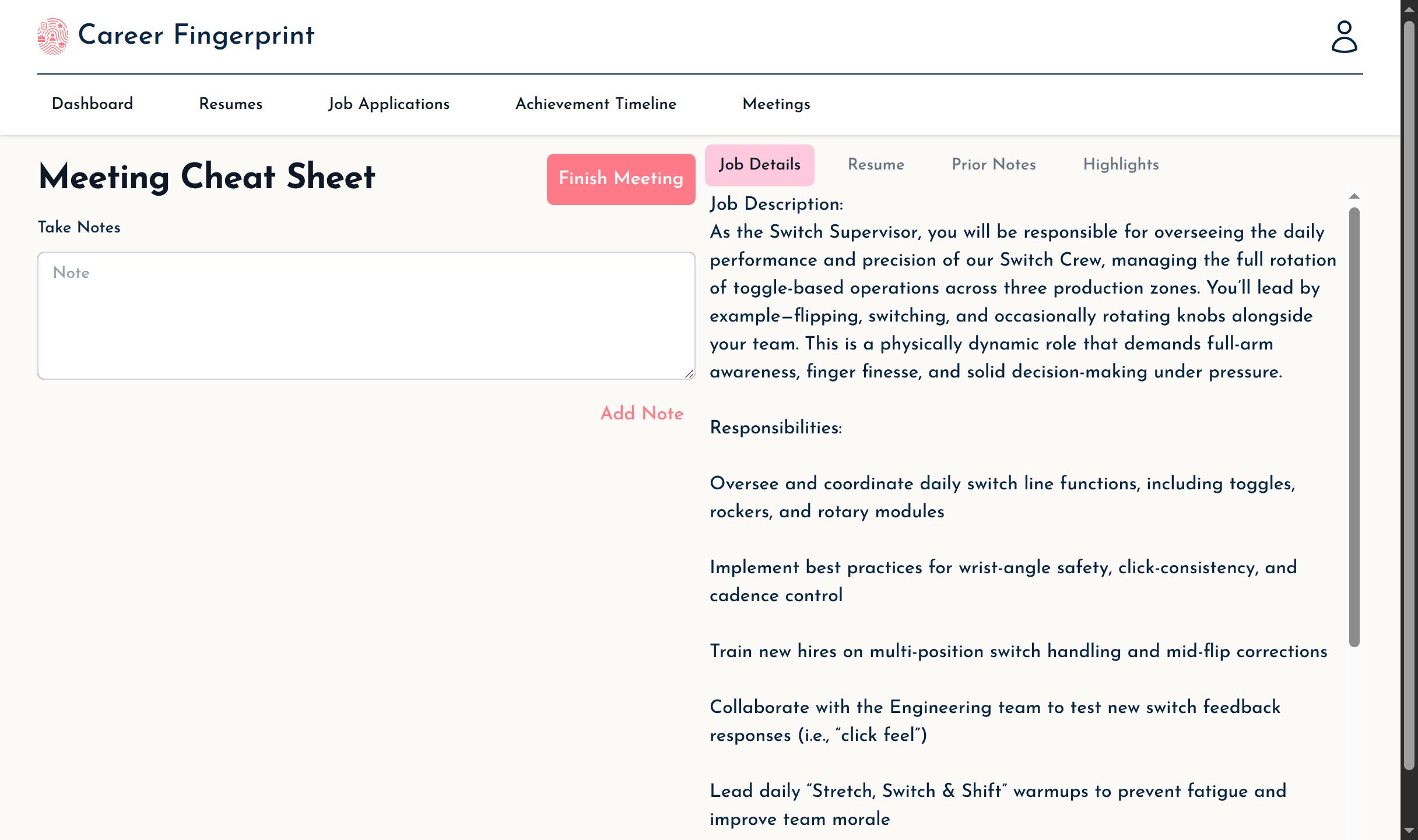 Meeting screen with job description selected