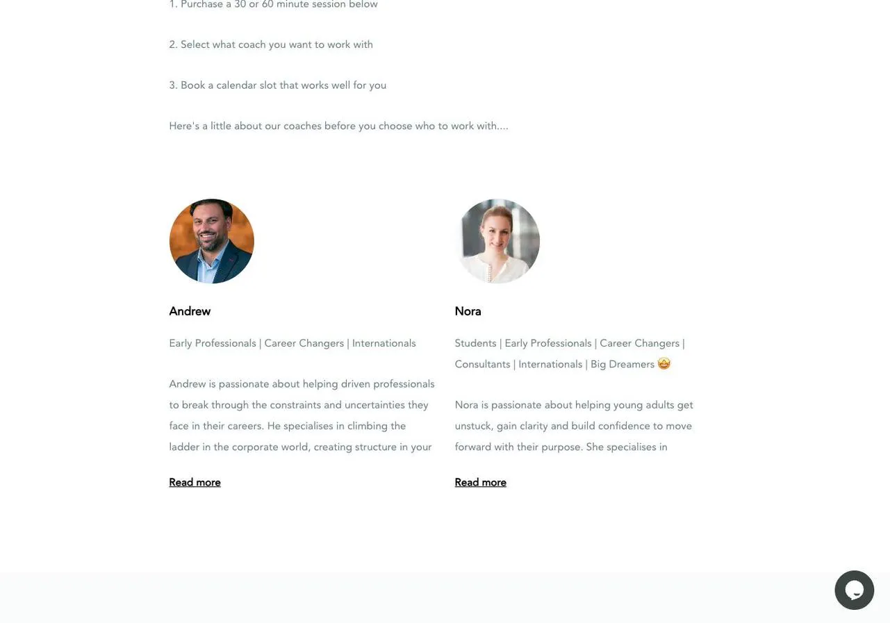 Coaching booking page with Andrew and Nora, showing 30 and 60 minute session options