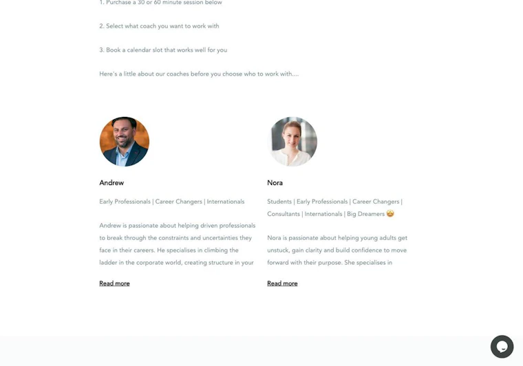 Coaching booking page with Andrew and Nora, showing 30 and 60 minute session options