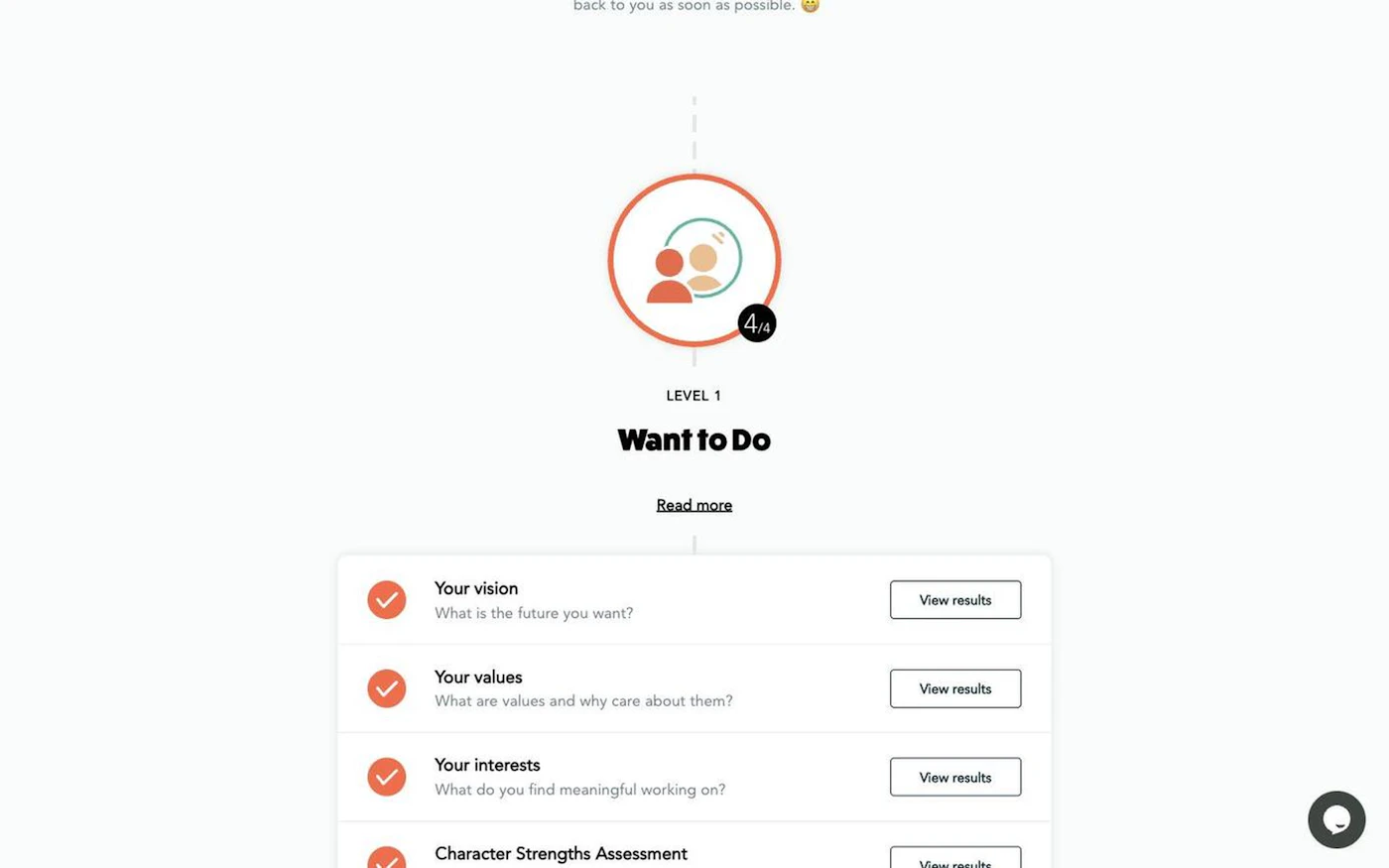 The CareersKitchen activities page, showing a vertical timeline of four levels with the activities in each.