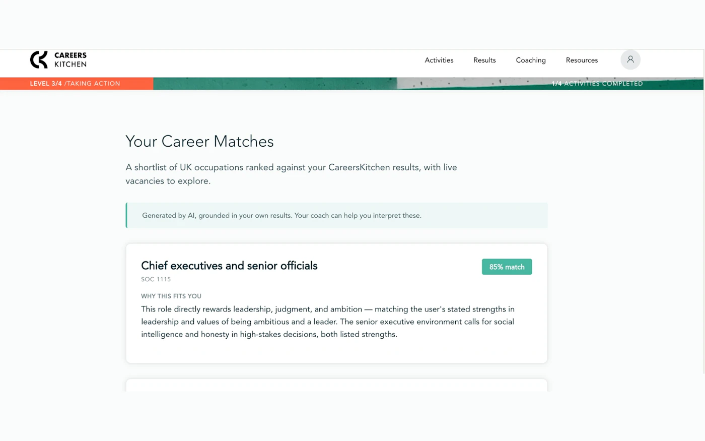 The CareersKitchen career matches page, showing an AI-ranked shortlist of UK occupations with match percentages.