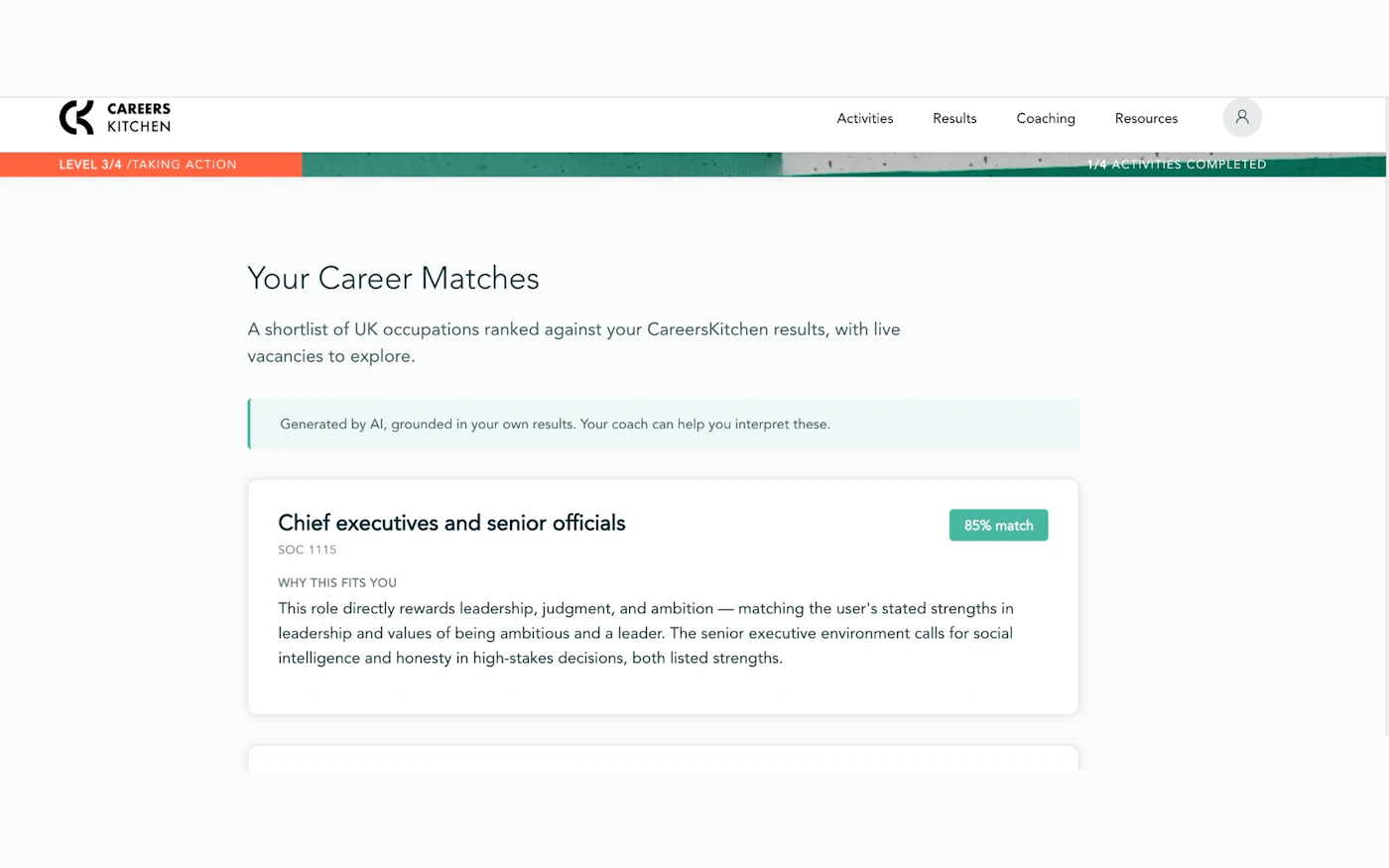 The CareersKitchen career matches page, showing an AI-ranked shortlist of UK occupations with match percentages.