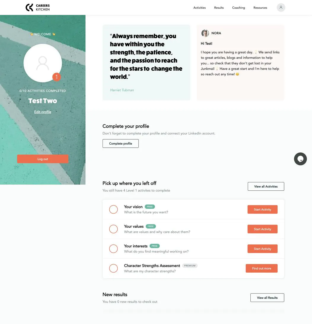 CareersKitchen dashboard with pick-up-where-you-left-off card