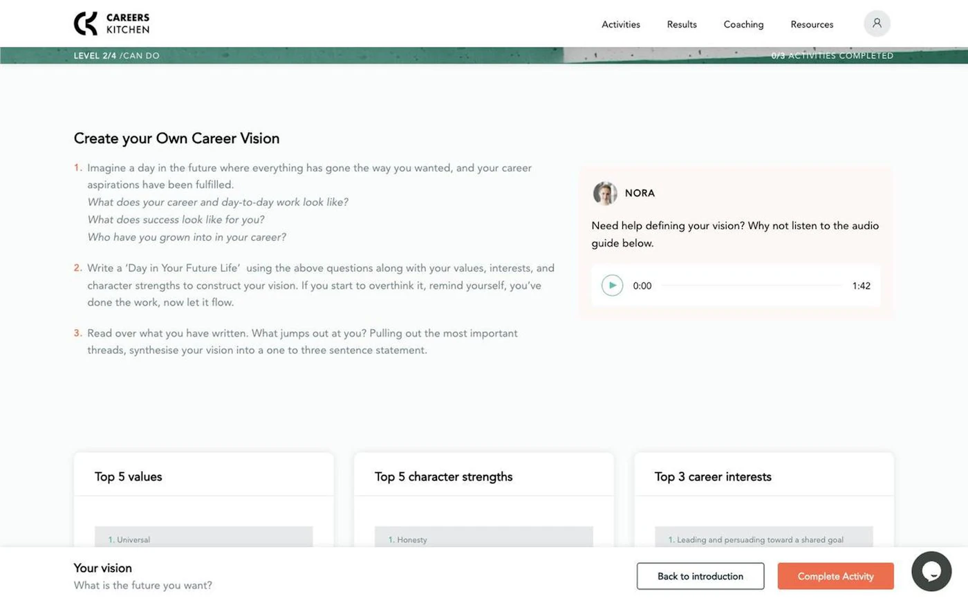 A CareersKitchen activity in progress, showing numbered prompts and an audio guide from coach Nora.