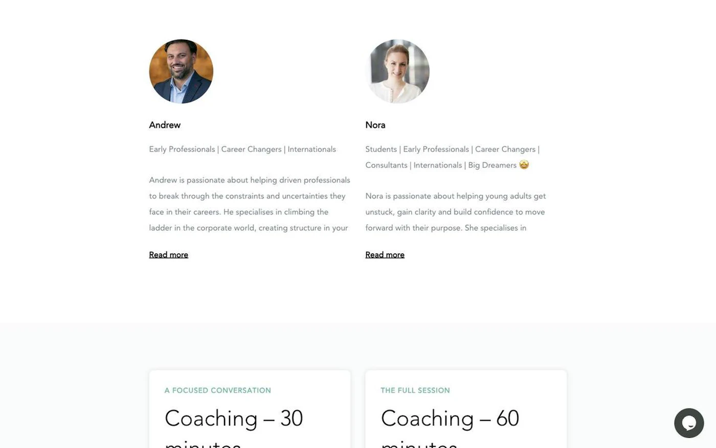 The CareersKitchen coaching page, showing coach profiles and 30- and 60-minute session options.