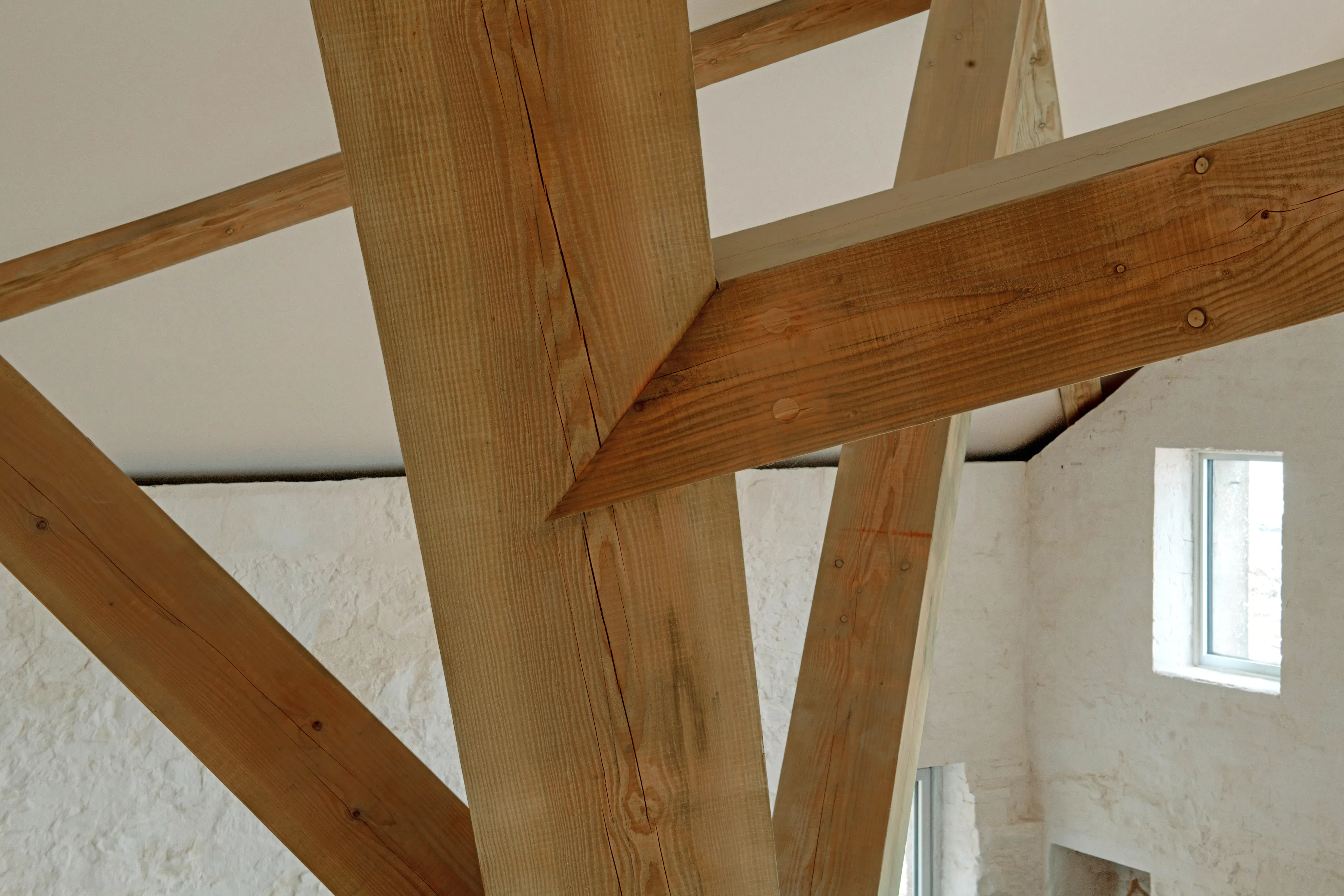 Interior of a riverside boathouse with a complex structural timber frame
