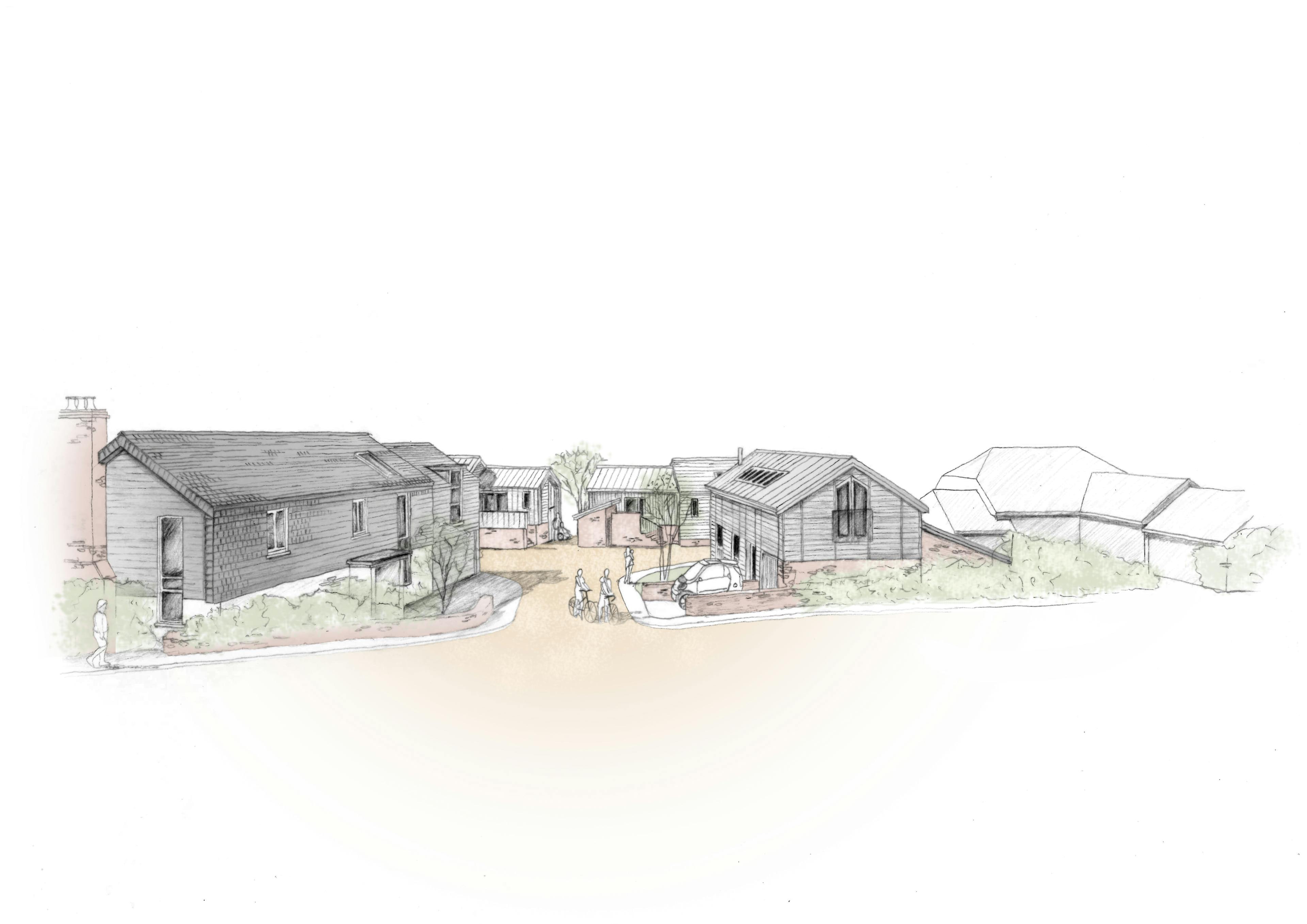 An architect's 3D hand drawing sketch of buildings