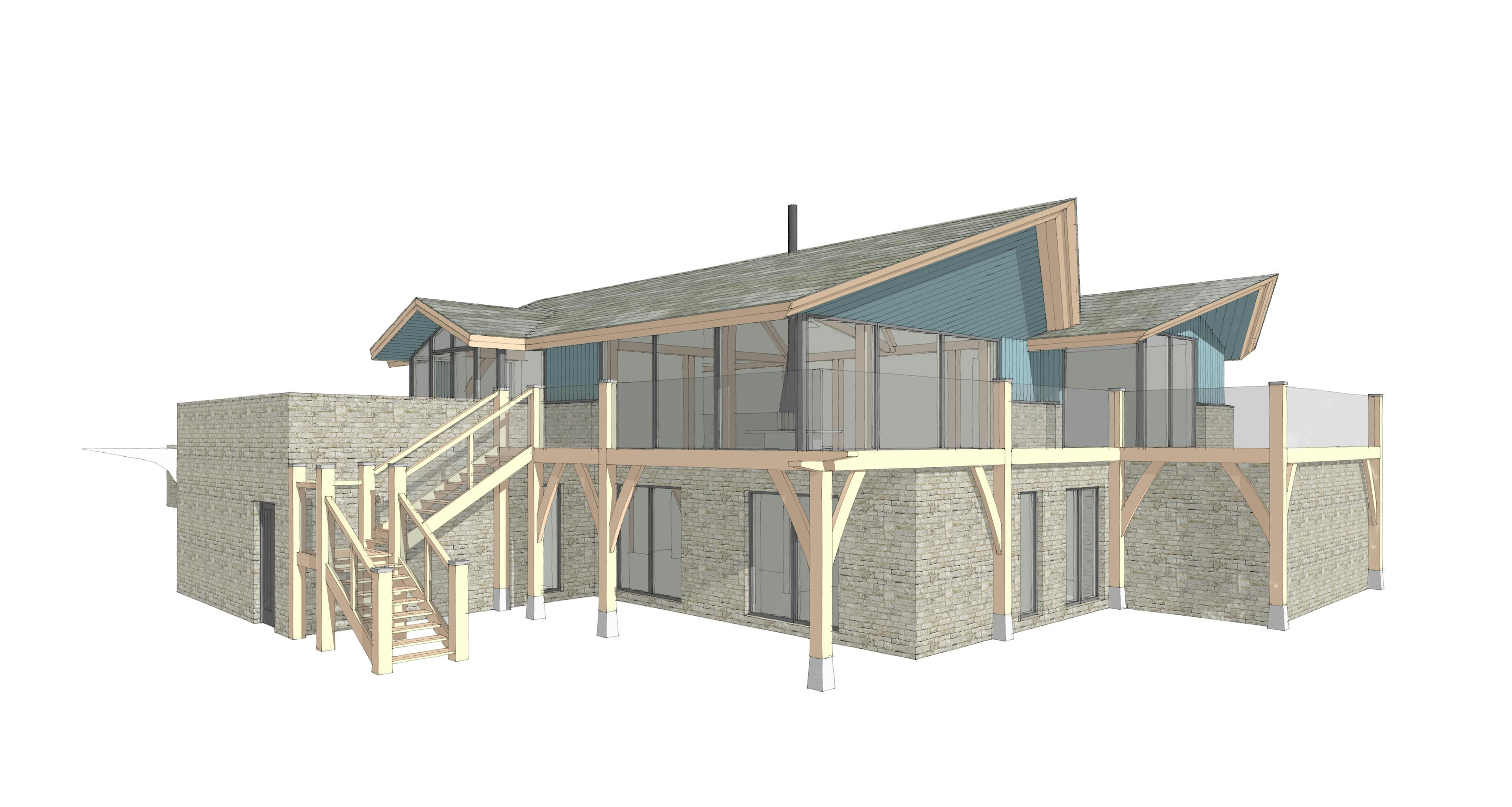 An architect's 3D drawing sketch of an oak framed home with oak framed balconies