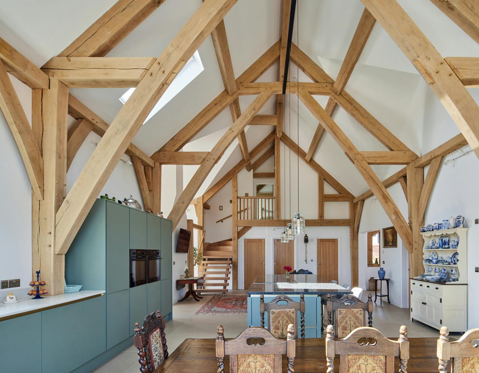 A vaulted oak framed dining and kitchen open plan living room