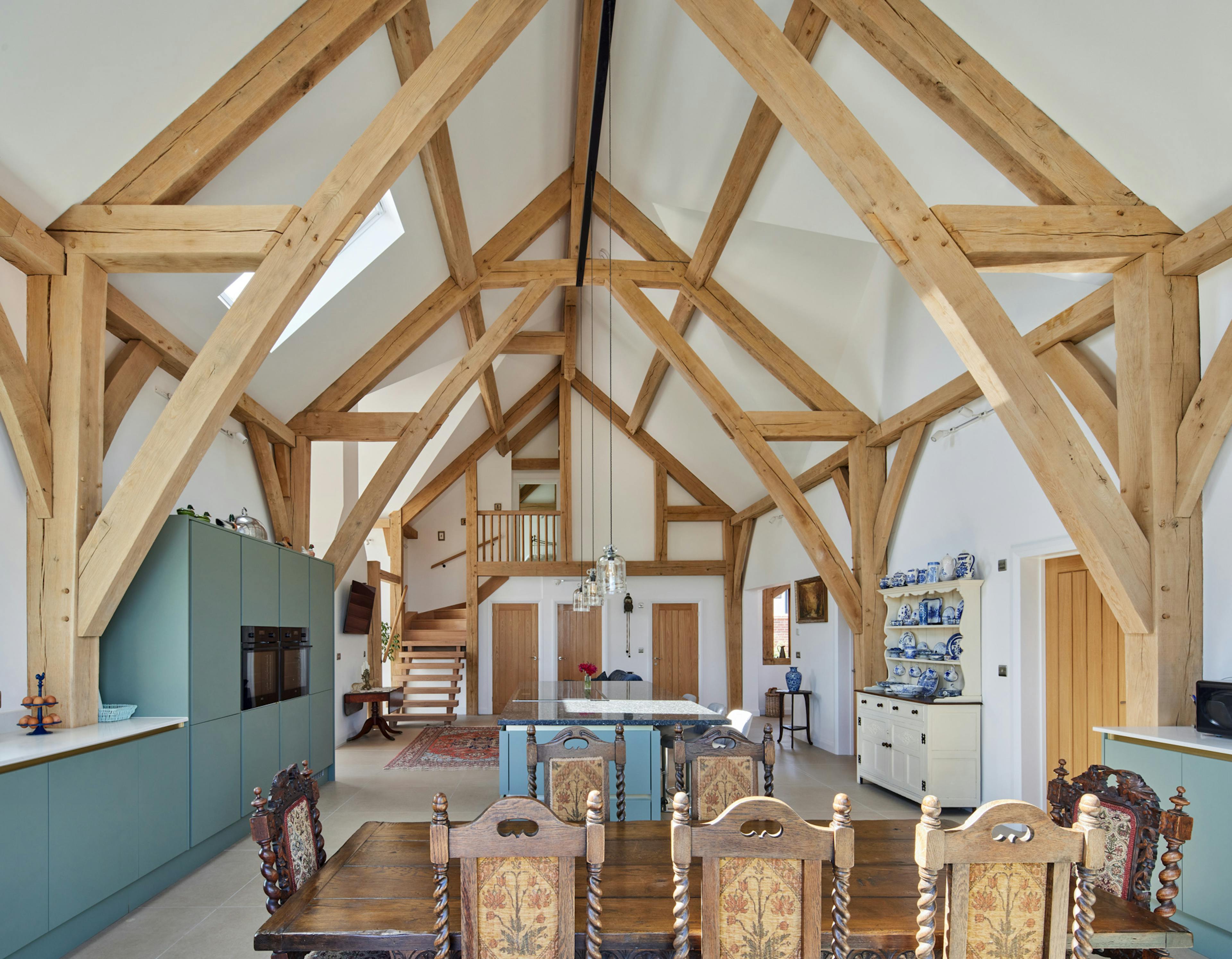 A vaulted oak framed dining and kitchen open plan living room