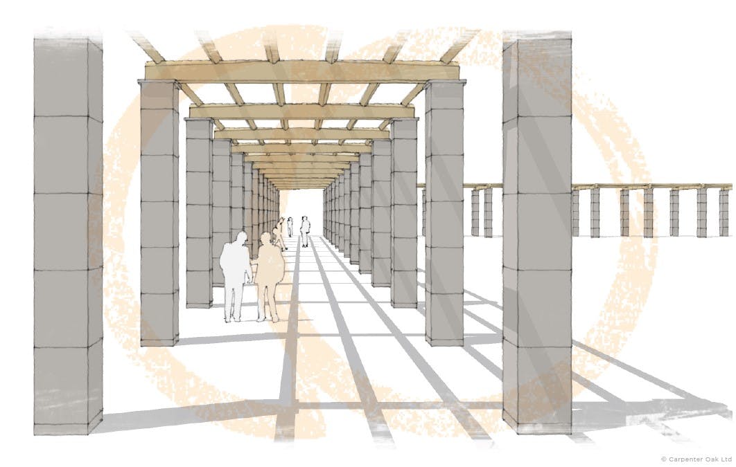 A computer sketch of stone columns with an oak pergola at the British Normandy Memorial