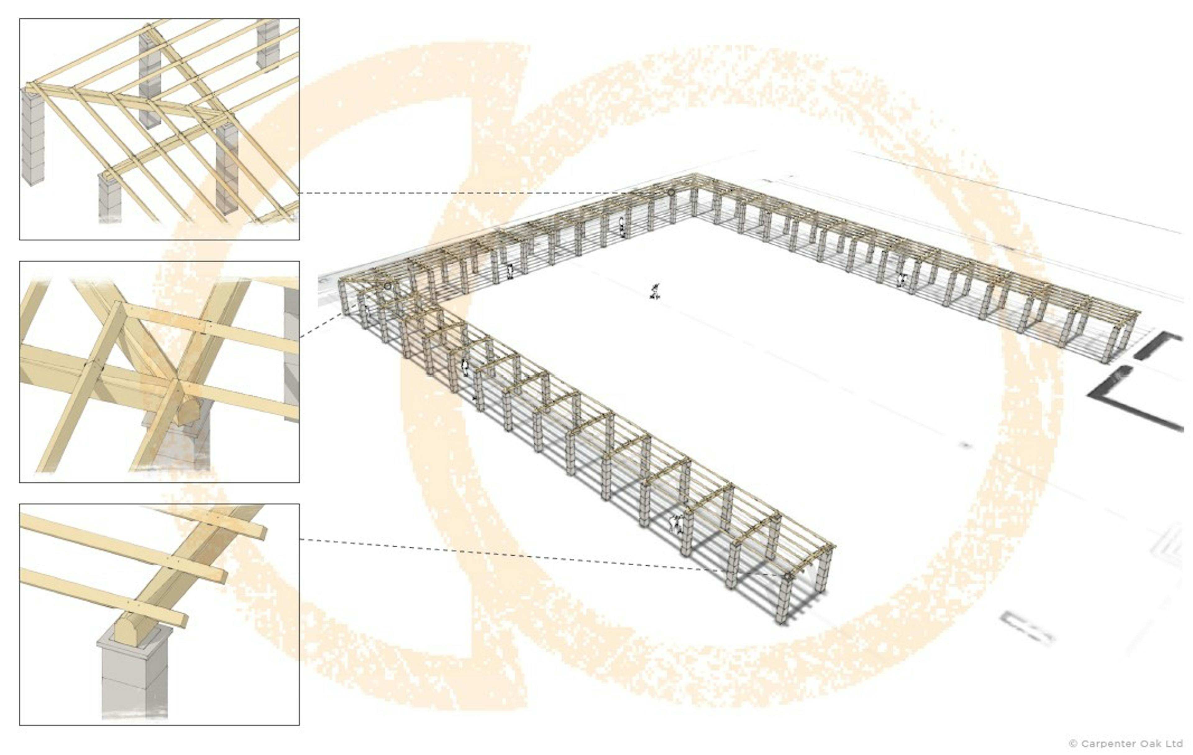 A computer sketch of an stone columns with an oak pergola at the British Normandy Memorial