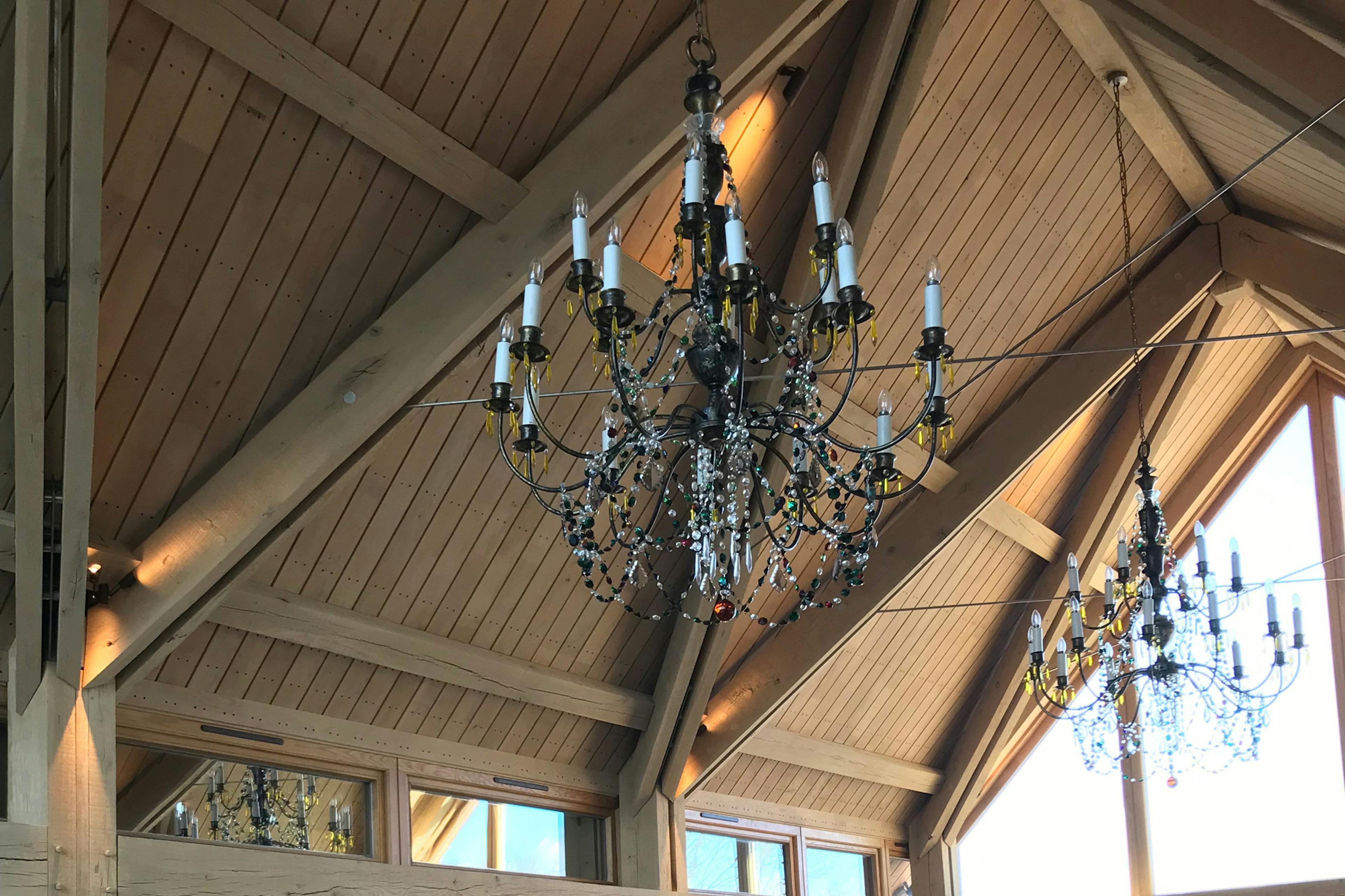 The ceiling of an oak framed extension with a roof boarding
