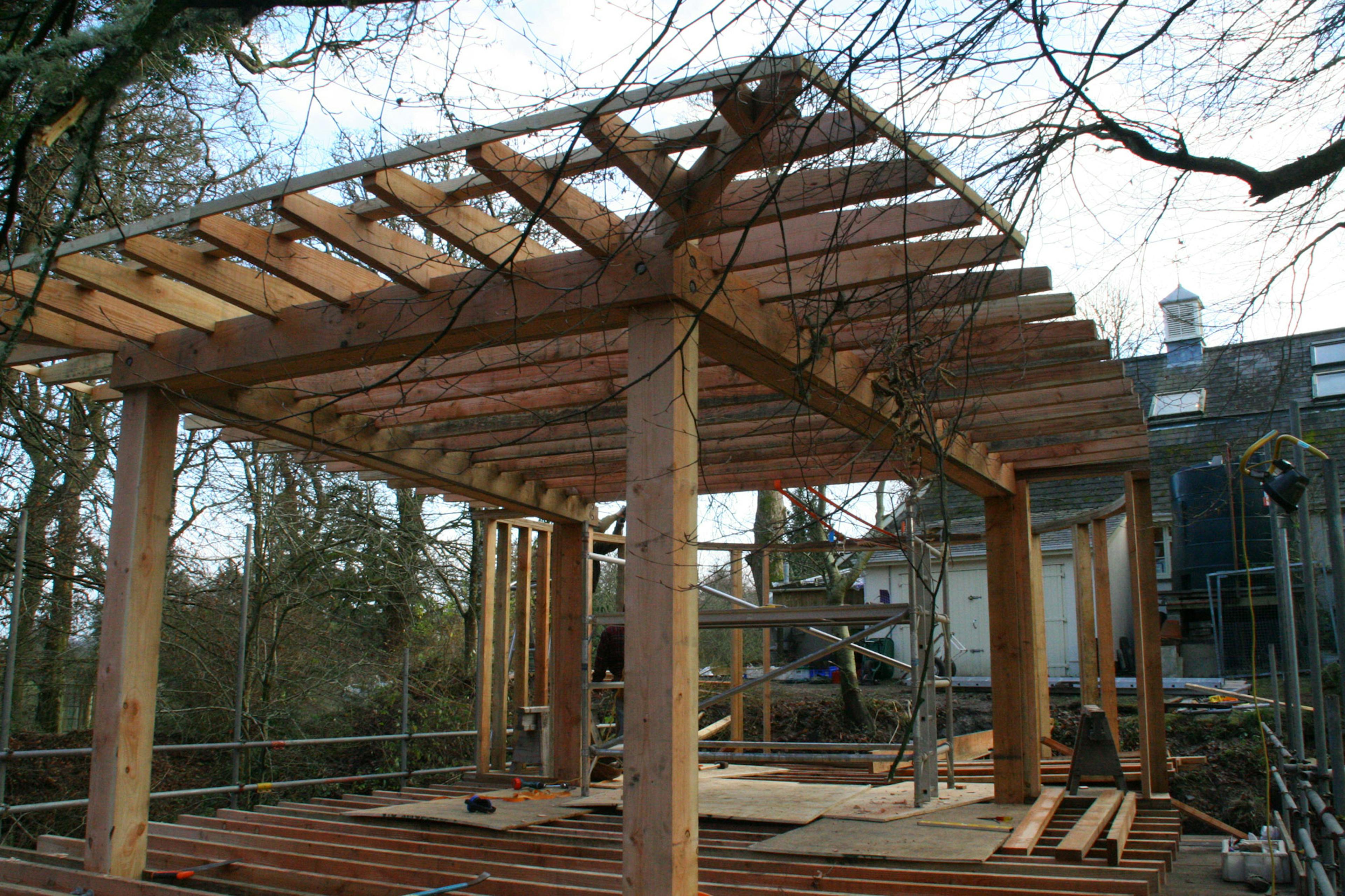 A Douglas fir framed cabin on stilts during construction