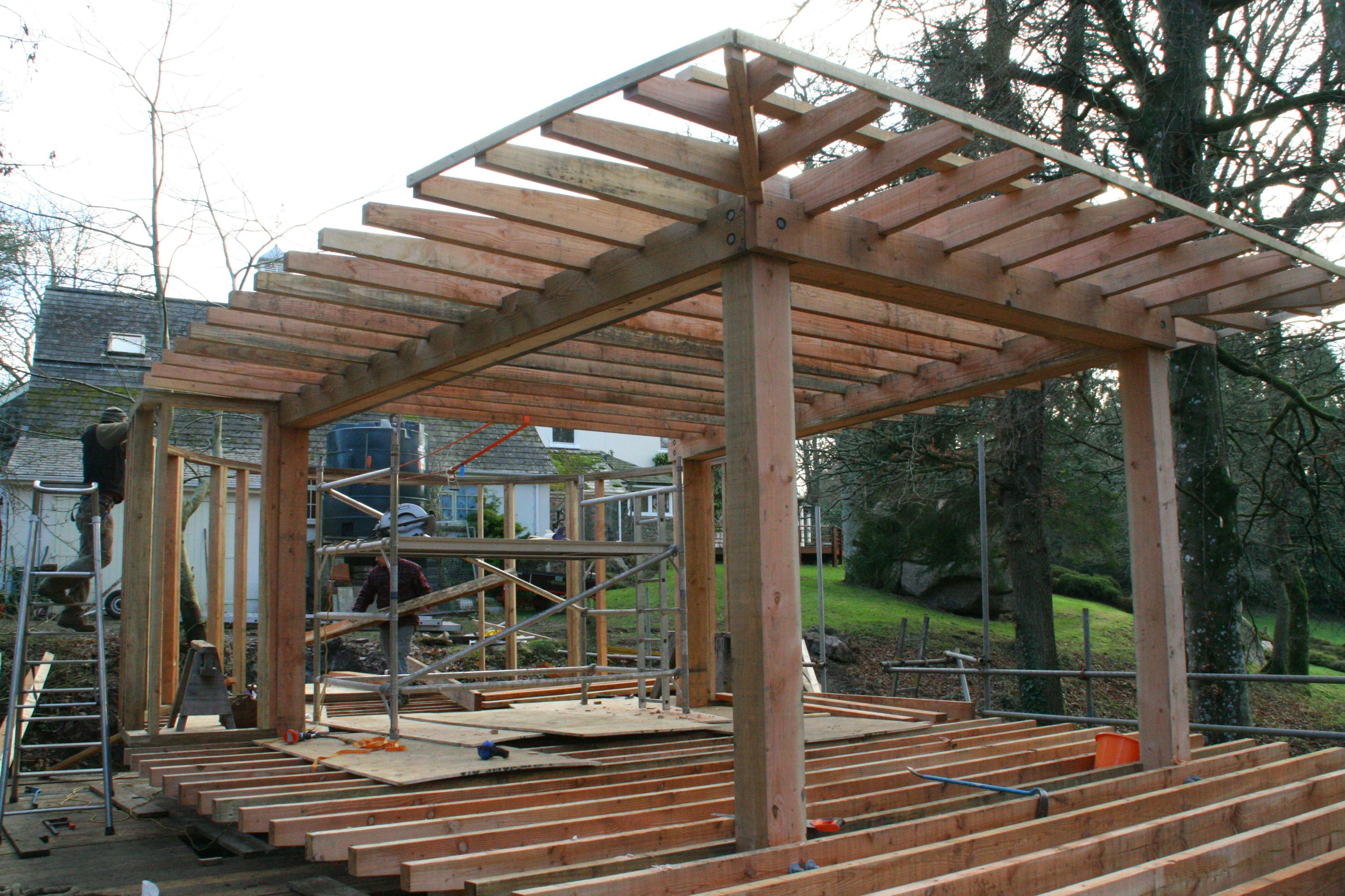 A Douglas fir framed cabin on stilts during construction