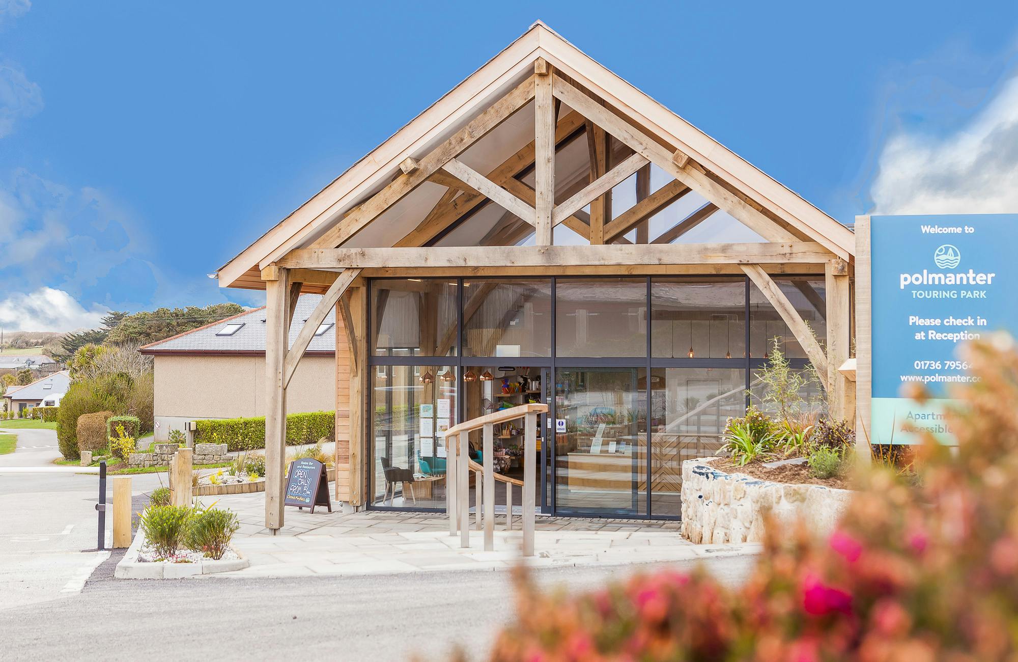 An oak framed entrance porch for a reception area at a caravan park