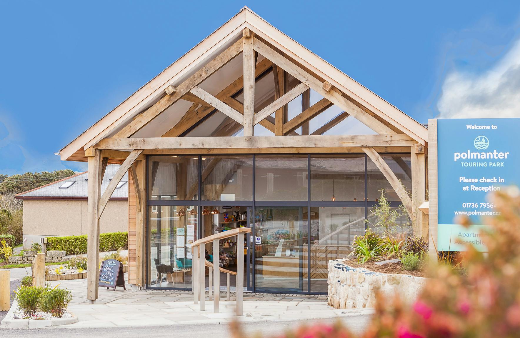 An oak framed entrance porch for a reception area at a caravan park