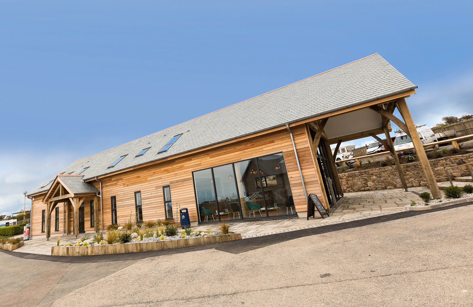 Th side of an oak framed entrance for a reception area at a caravan park