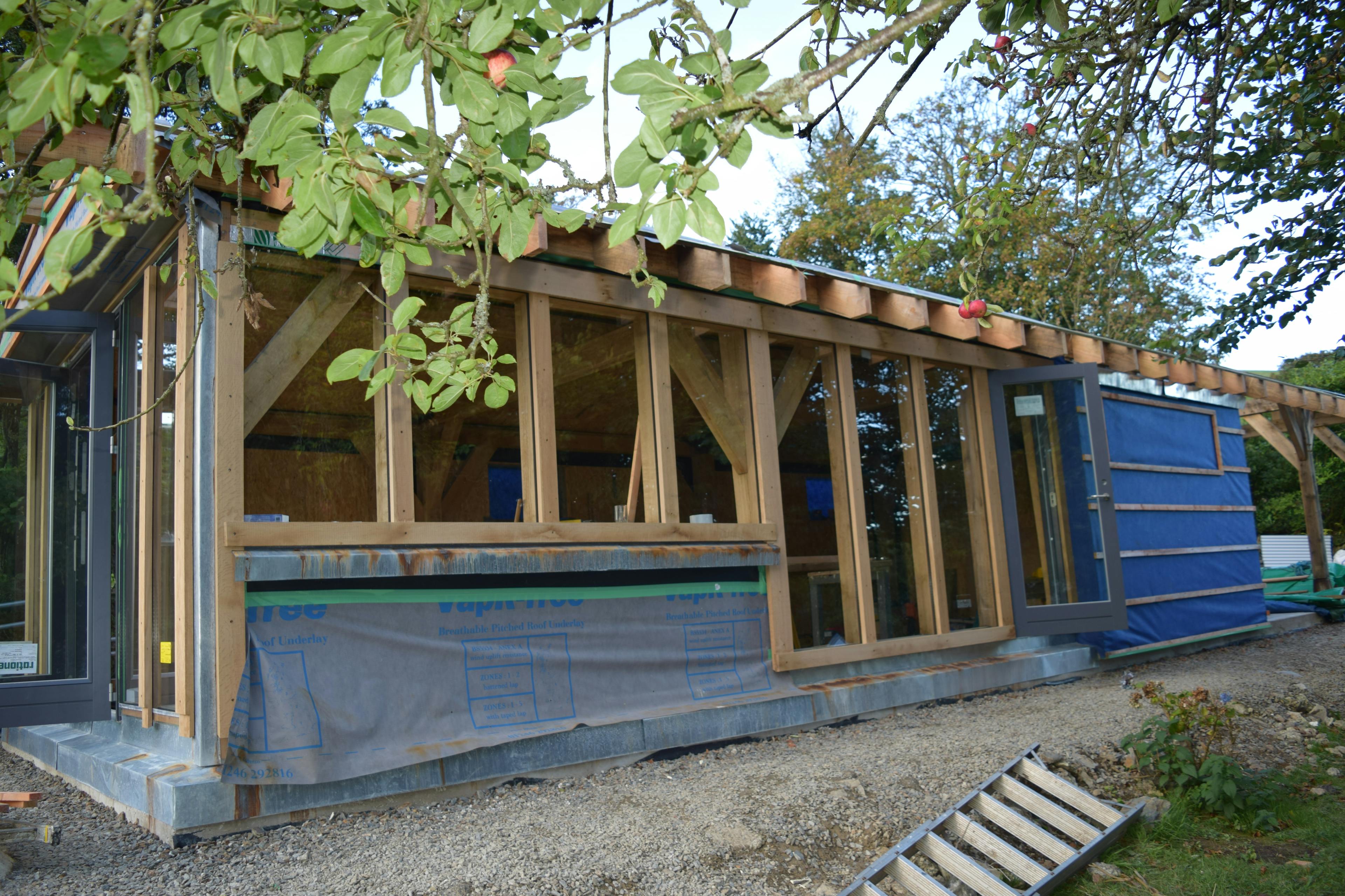 An oak framed cabin during installation