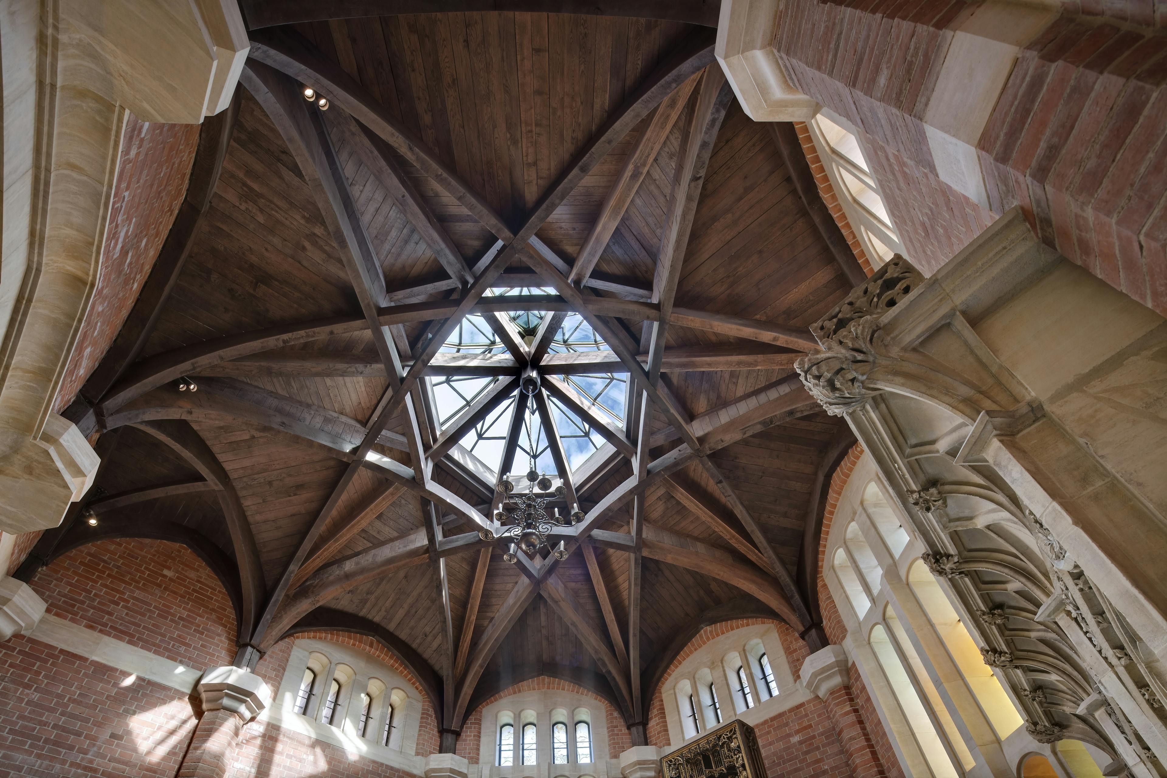 An octagonal oak roof structure in an extension on a chapel