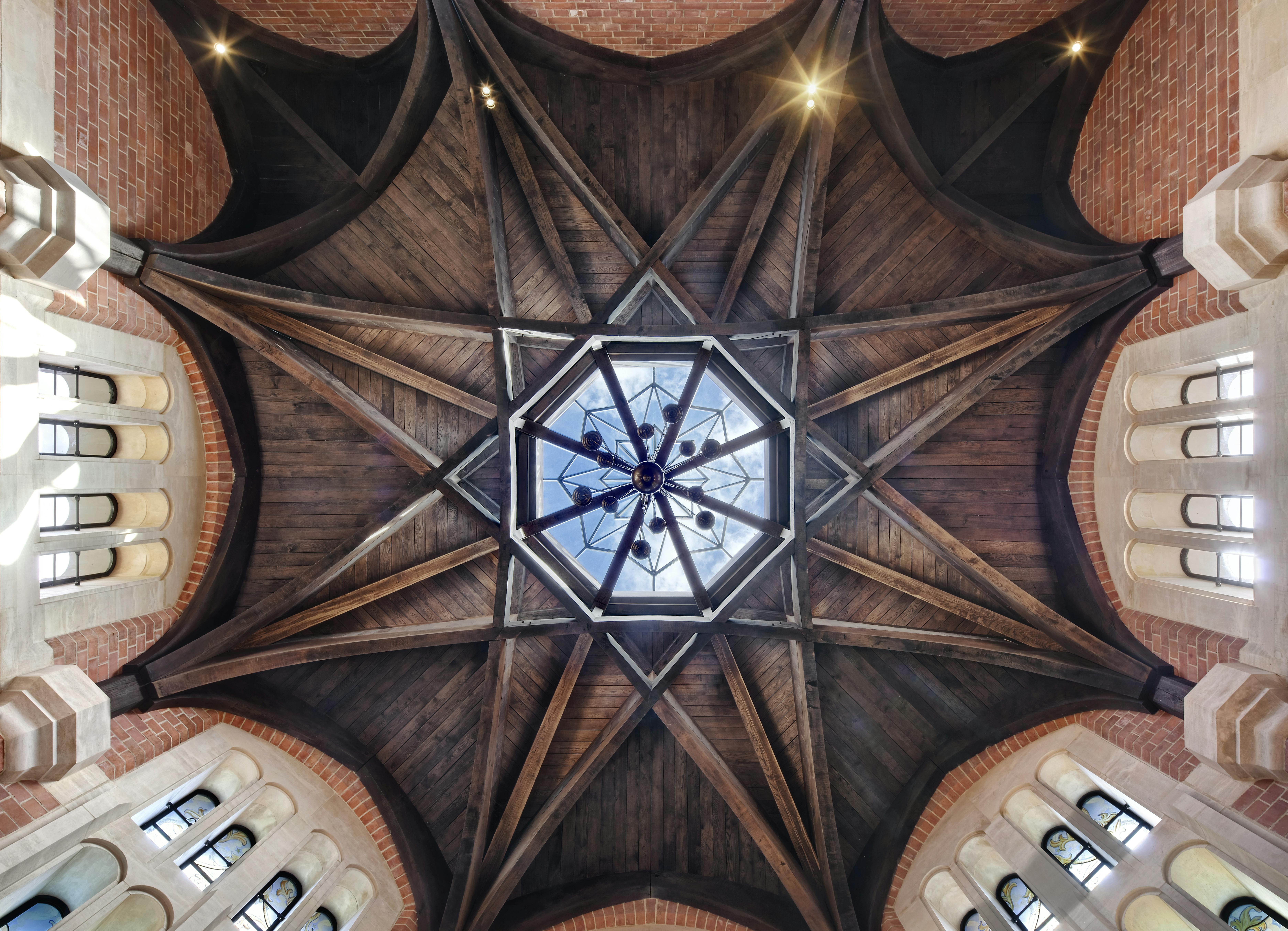 An octagonal oak roof structure in an extension on a chapel