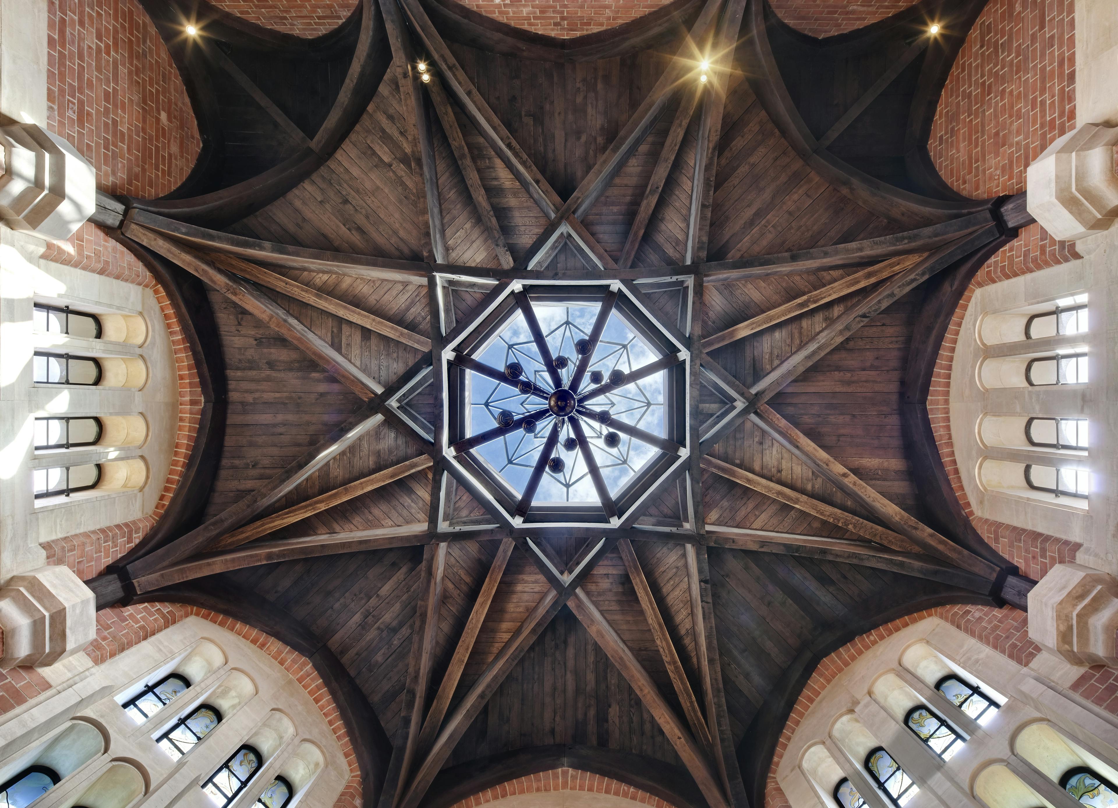An octagonal oak roof structure in an extension on a chapel